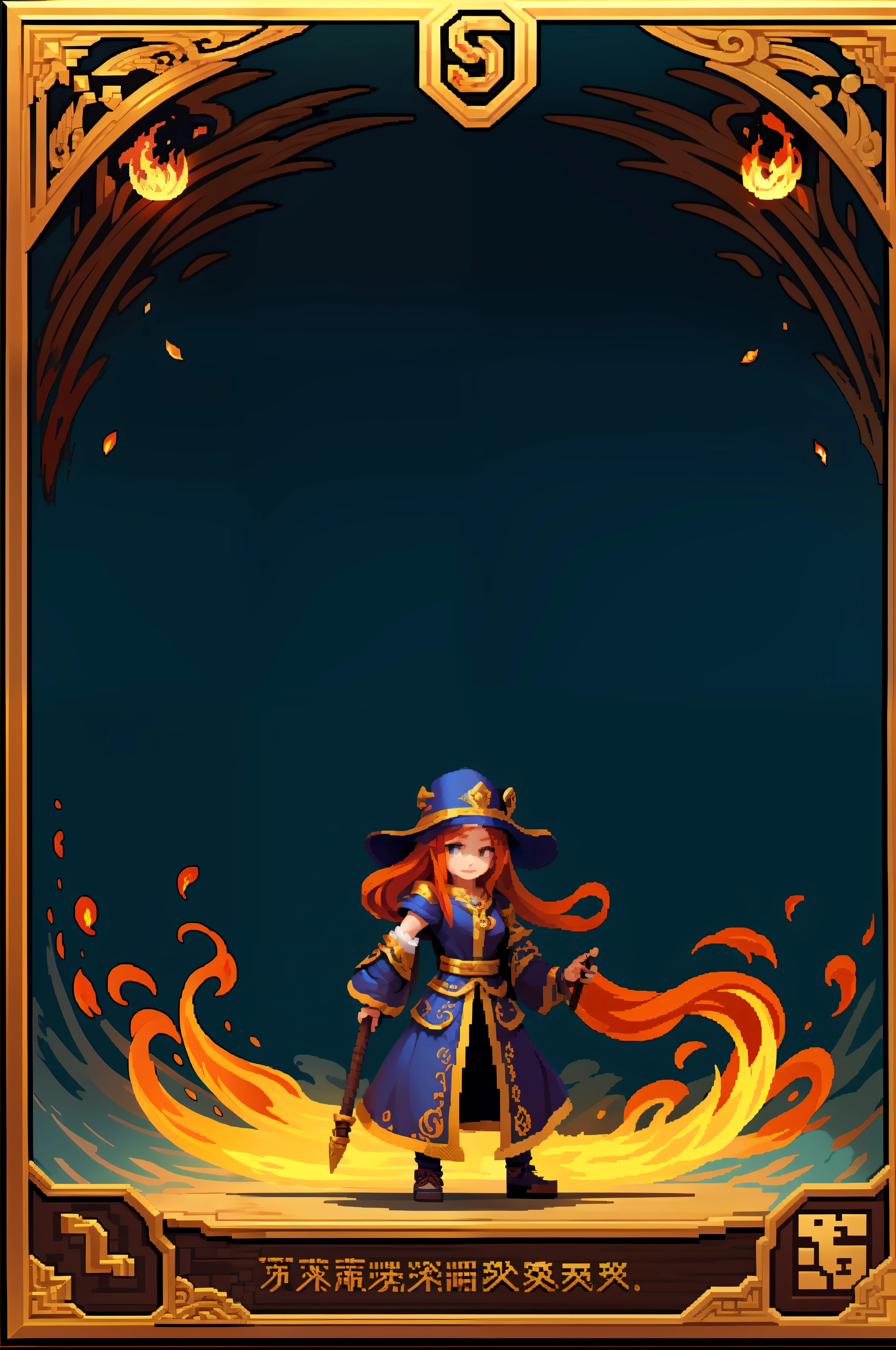 A female magician，Long flowing hair，Wearing a mage hat，Staff in hand，Release the fire，theelementoffire，magia，Top image quality，超高分辨率，pixal style，A masterpiece of game scenarios:1.5，16bitscene。