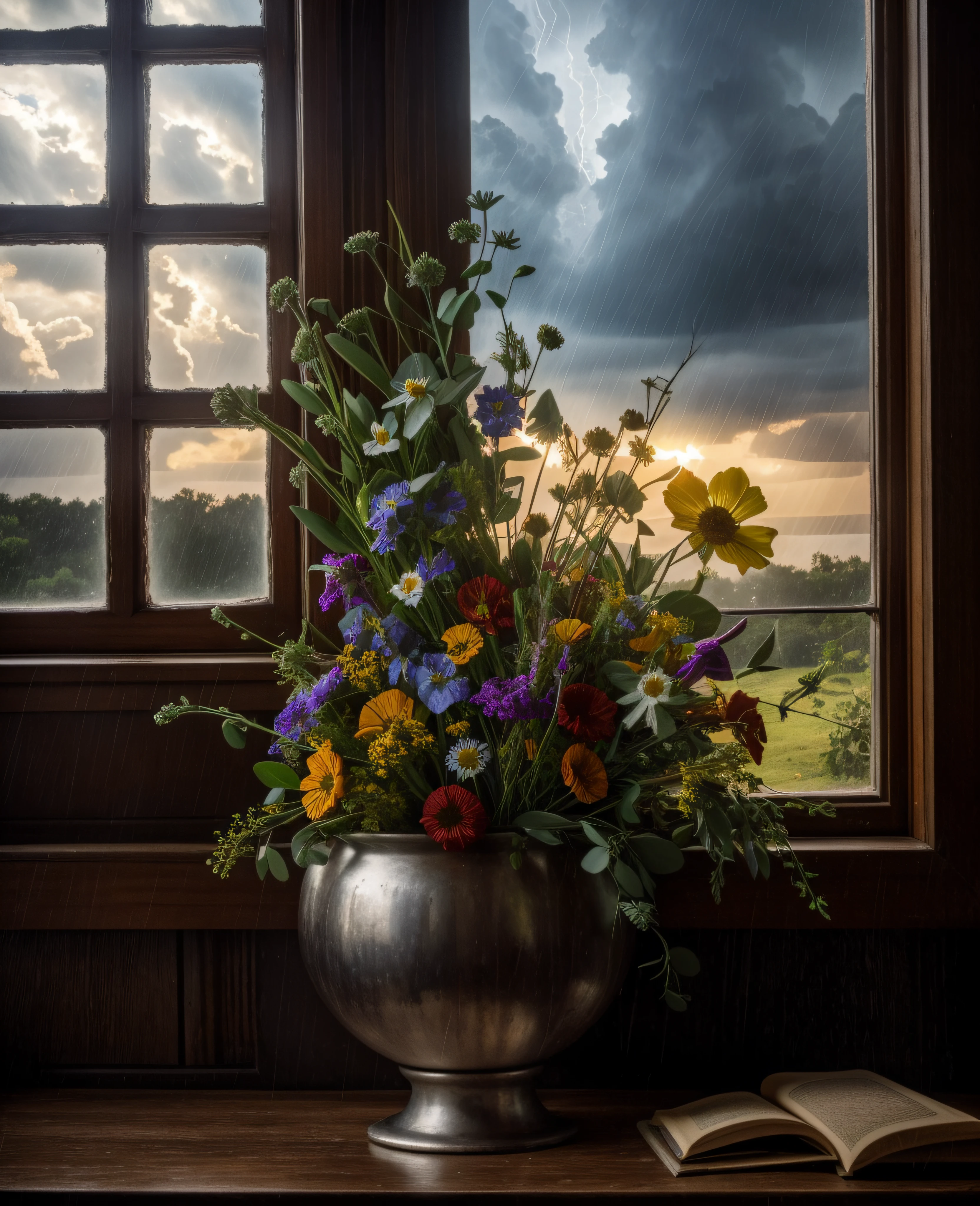 bouquet of wildflowers, window with stormy sky, old wooden tabla, Romanticism, backlighting, ray tracing, f/16, Canon, masterpiece, high quality, 8k