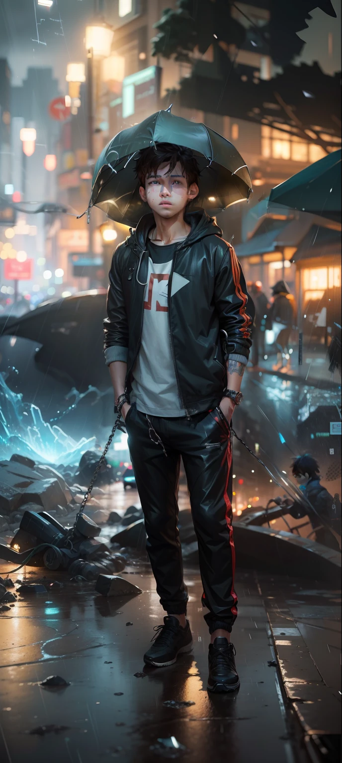 1boy, jacket, rain, outdoor, hoodie, open jacket, chain, backpack, looking at another, messy hair, trending on artstation, 8k resolution, highly detailed, anatomically correct, sharp image, digital painting, concept art, trending on pixiv, style of makoto shinkai,