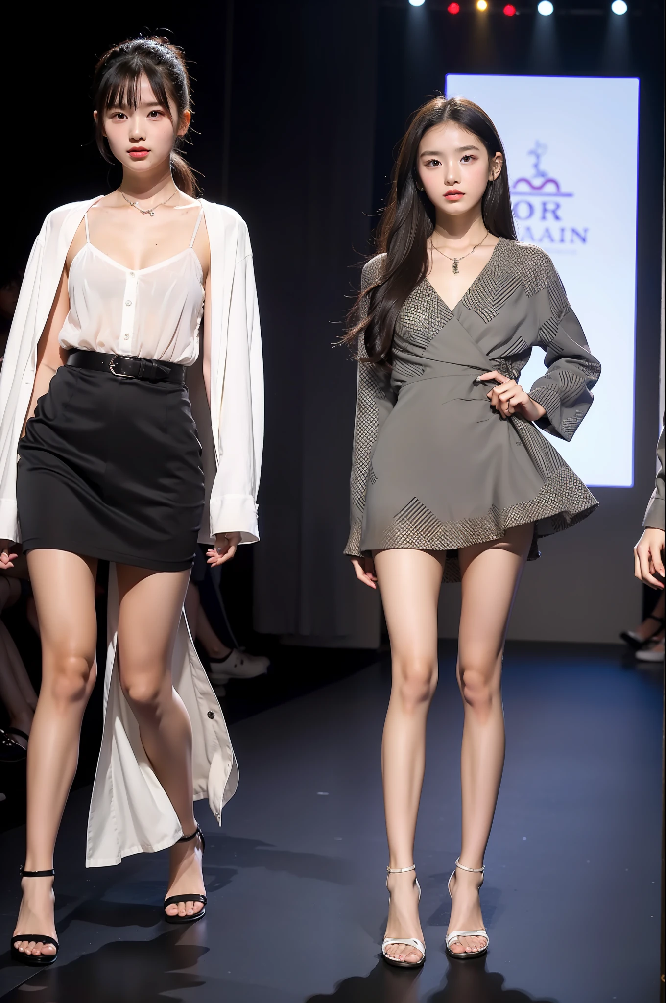 best qualtiy, jewelry,Full body like,Summer clothes,Fashion show,Refined face,pretty face,A 10-year-old Asian woman,slimfigure,Smaller bust