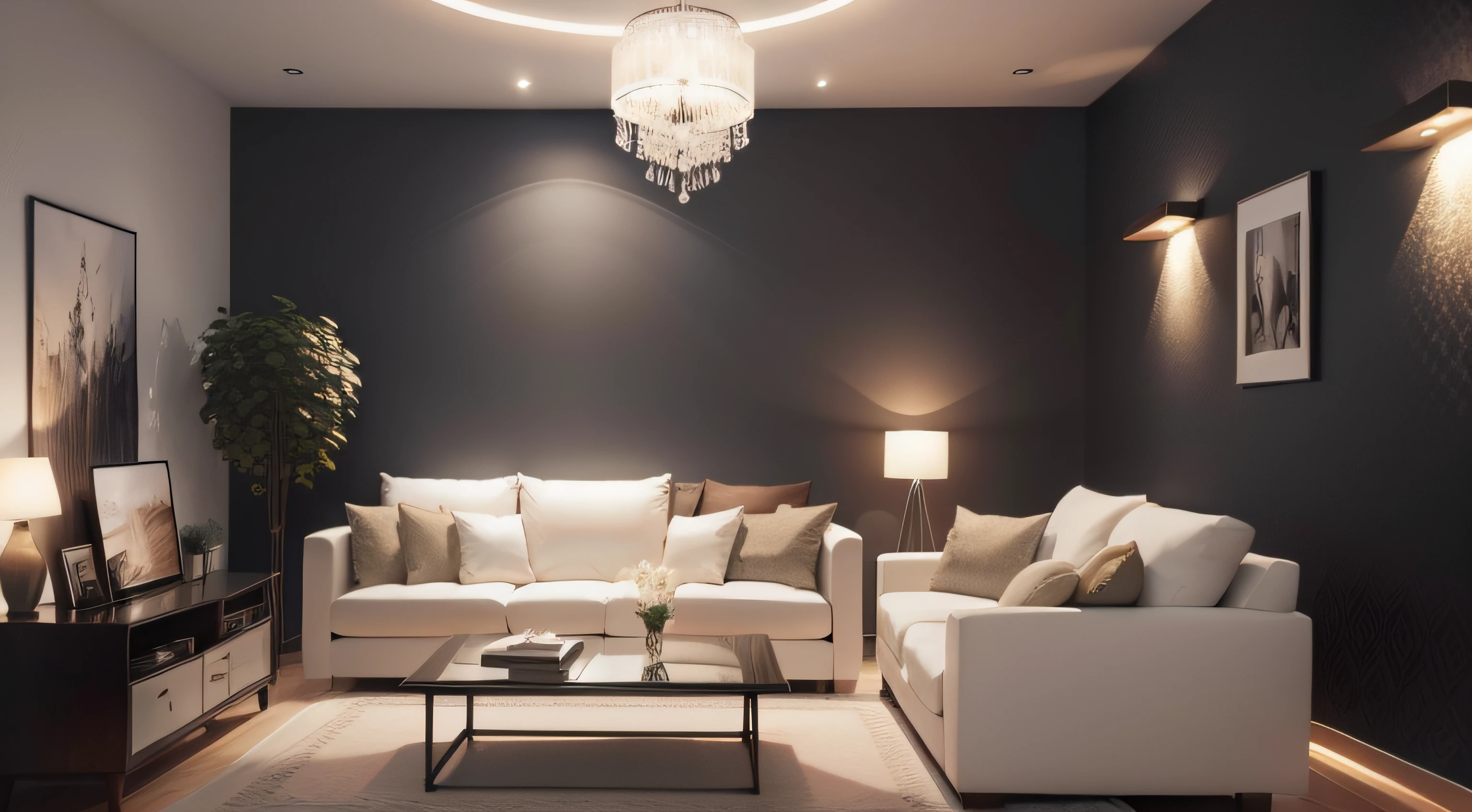 Fundo de uma casa luxuoso e sofisticado, com belo papel de parede, elegant furniture, soft and cozy lighting