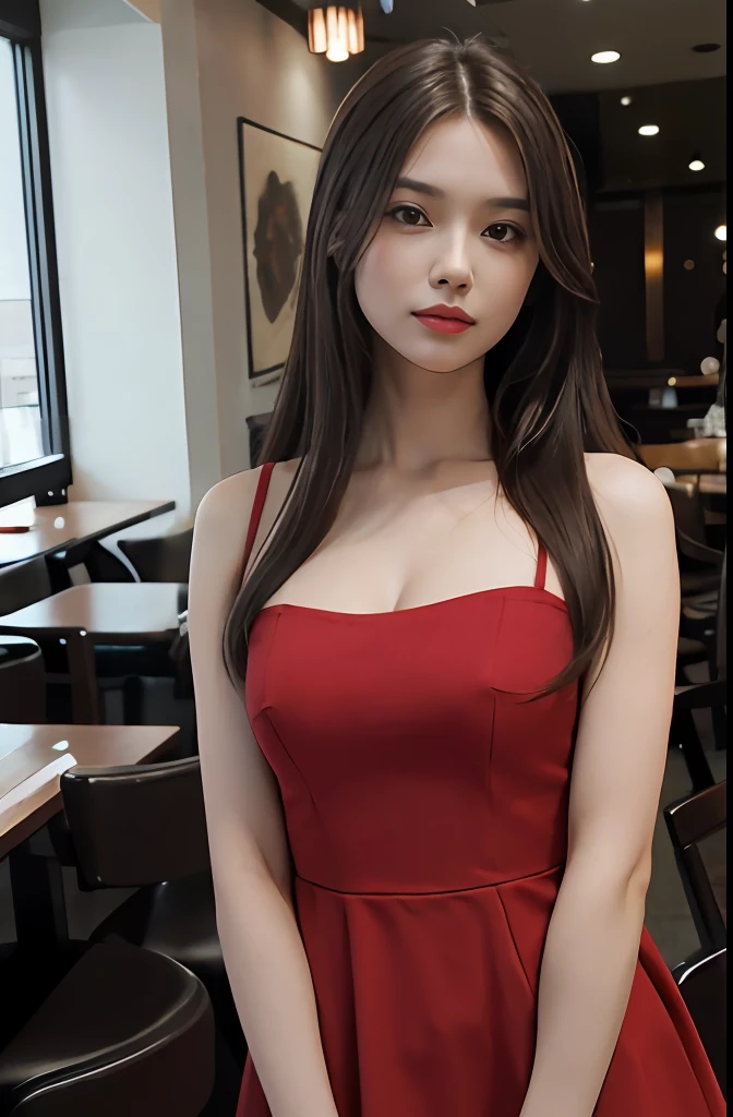 a woman, brown hair, brown eyes, fit body, Long Hair, hair parted in the middle, straight hair, red dress, inside a restaurant, detailed body, detailed eyes, master piece, best quality, high quality, RAW camera, realistic, real person