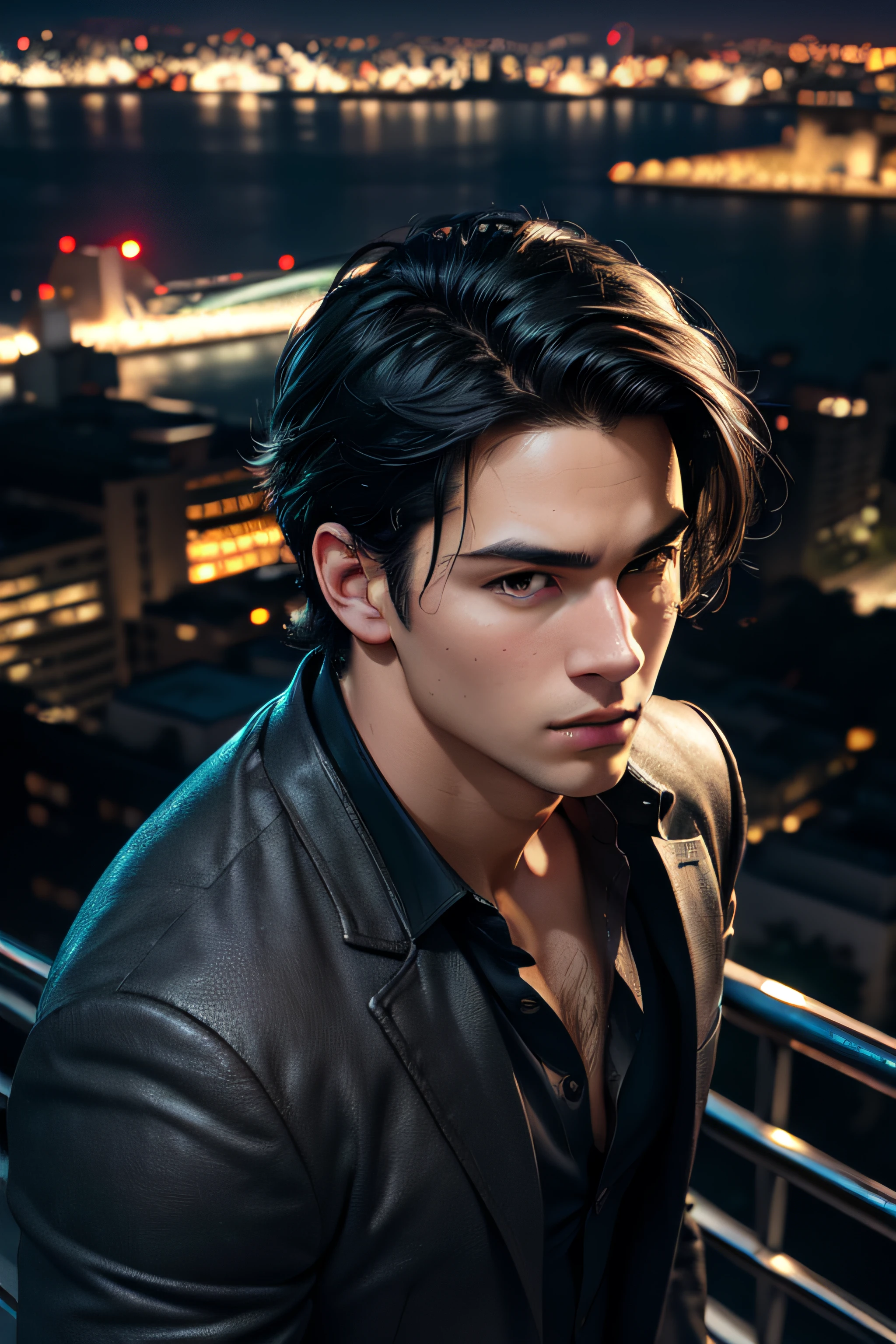 Best quality, masterpiece, ultra high res, (photorealistic:1.4), raw photo, young handsome male, black hair, (night city background:1.2)