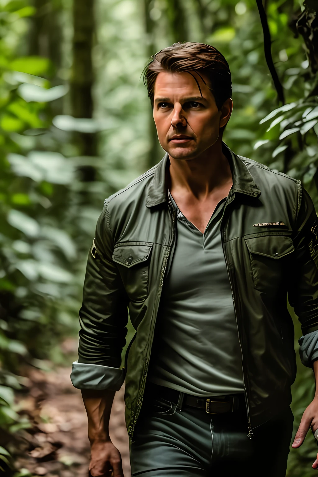 masterpiece, tom cruise walking through jungle at night among fireflies, (high detail:1.1), rough face, natural skin, high quality, nsfw, beautiful eyes, (detailed face and eyes), (perfect face: 1.2), noise, extra, real photo, PSD, lamp film photography, sharp focus, contrast lighting, detailed skin, high resolution 8k, crazy detail, realistic, professional photography, 8k UHD, SLR camera, soft lighting, high quality, film grain, Fujifilm XT3
