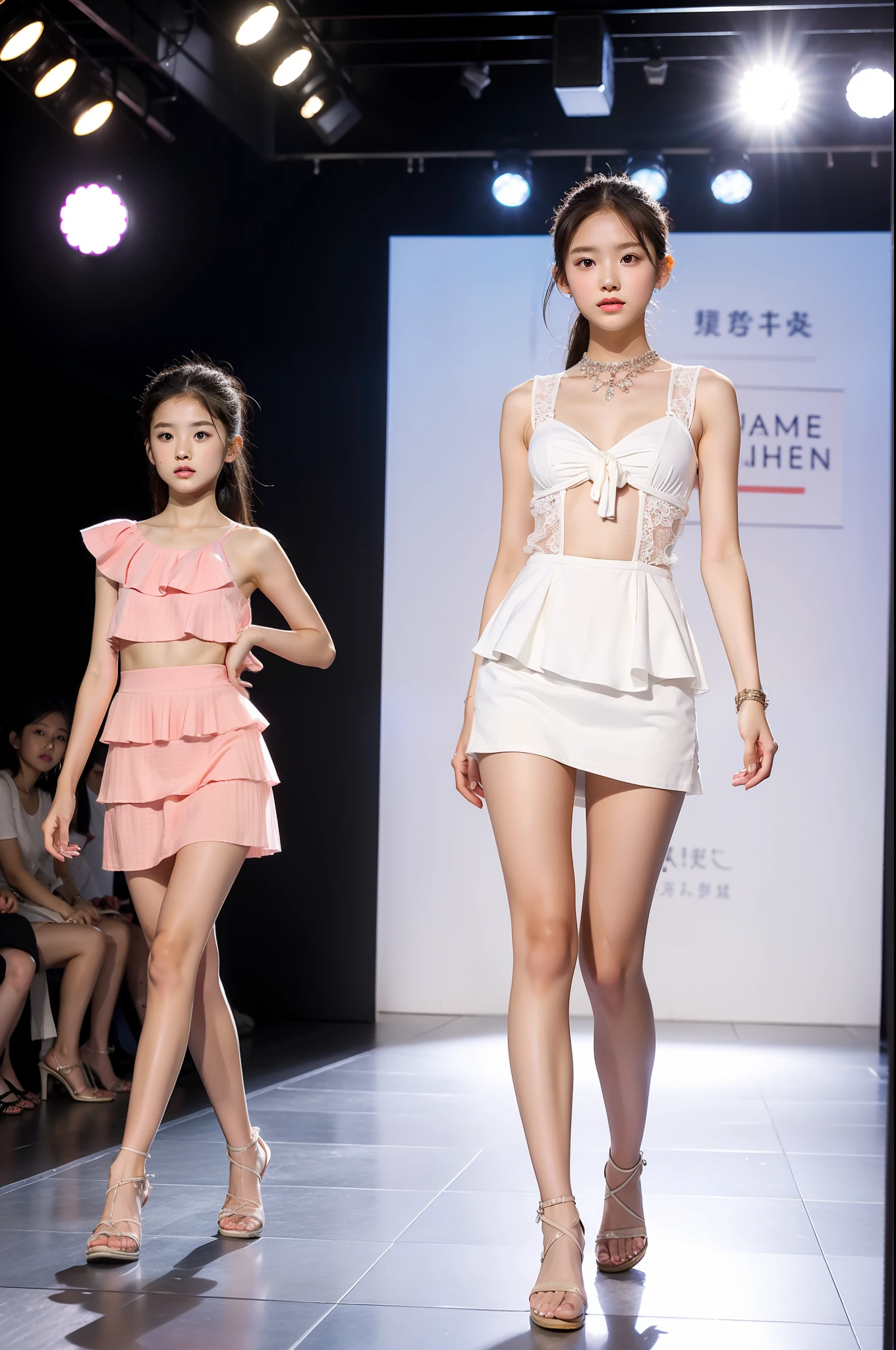 best qualtiy, 独奏,jewelry,Full body like,Summer clothes,Fashion show,Refined face,pretty face,A 10-year-old Asian woman,slimfigure,Smaller bust