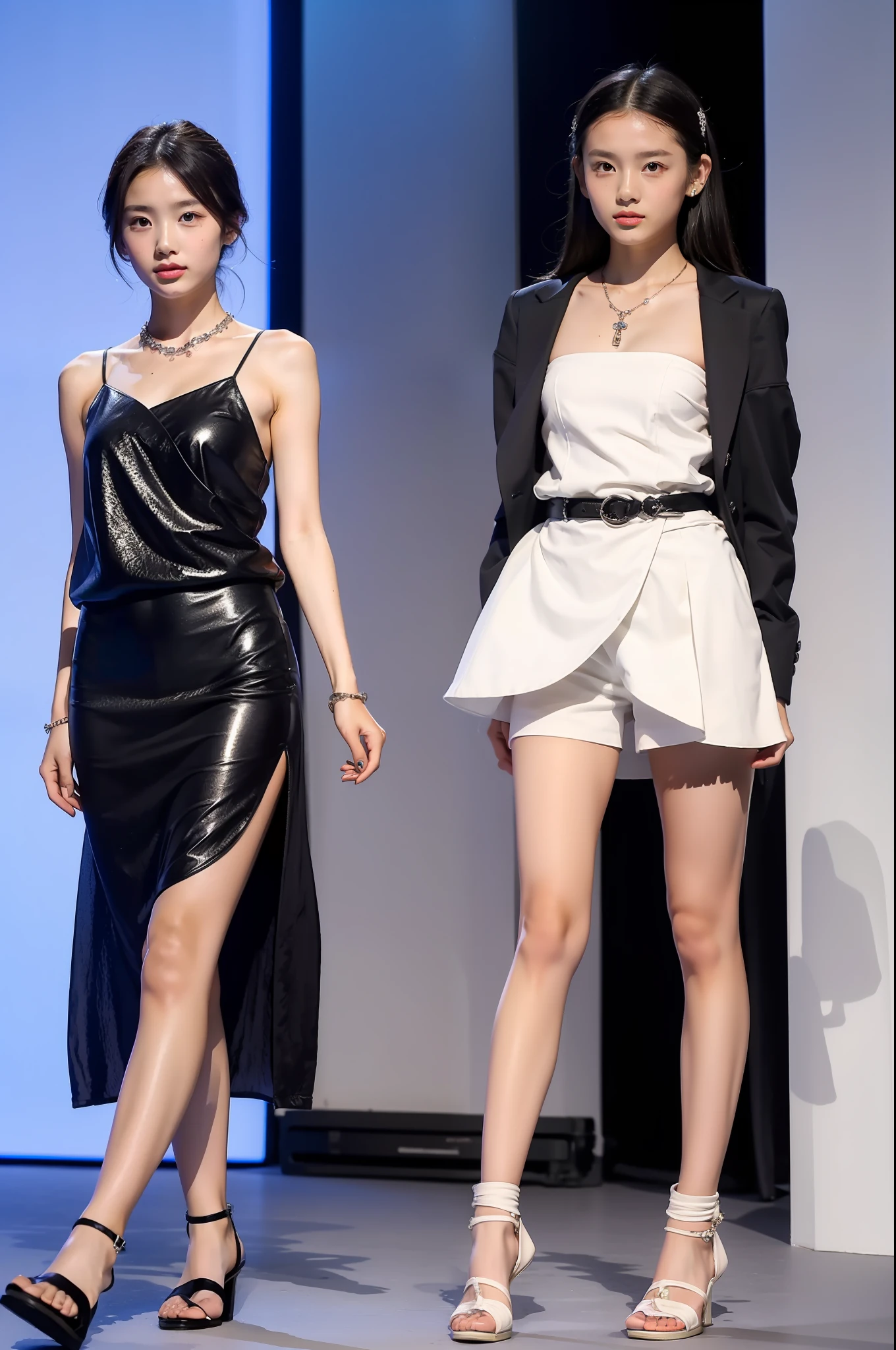 best qualtiy, 独奏,jewelry,Full body like,Summer clothes,Fashion show,Refined face,pretty face,A 10-year-old Asian woman,slimfigure,Smaller bust