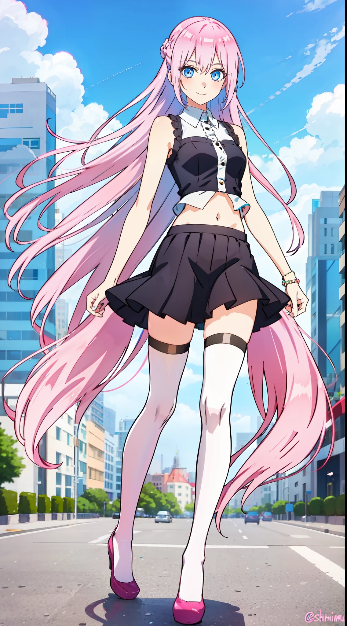 shikimori, slim legs, exposed navel, short skirt, beautiful eyes, blue eyes, happy, pink hair, long hair, thigh high socks, city