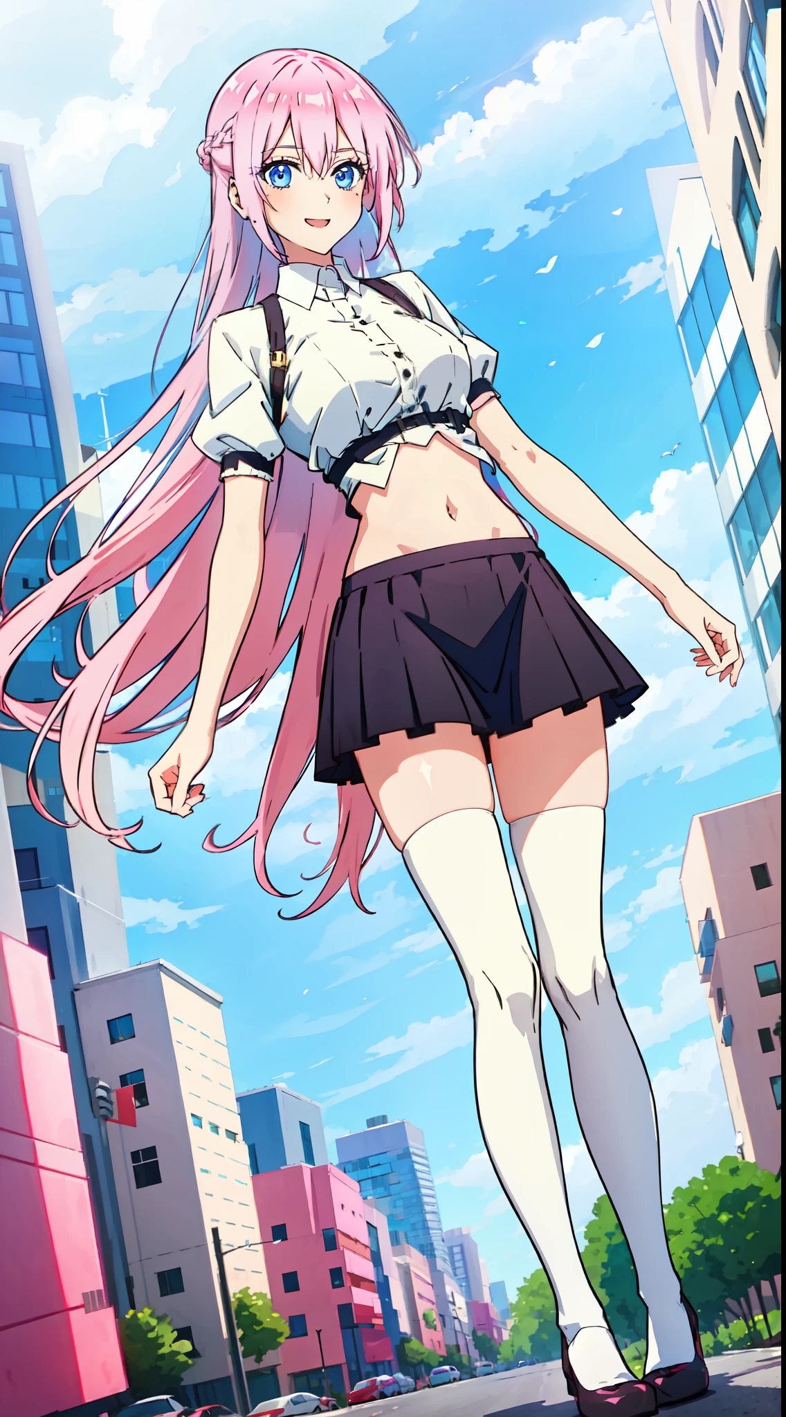 shikimori, slim legs, exposed navel, short skirt, beautiful eyes, blue eyes, happy, pink hair, long hair, thigh high socks, city