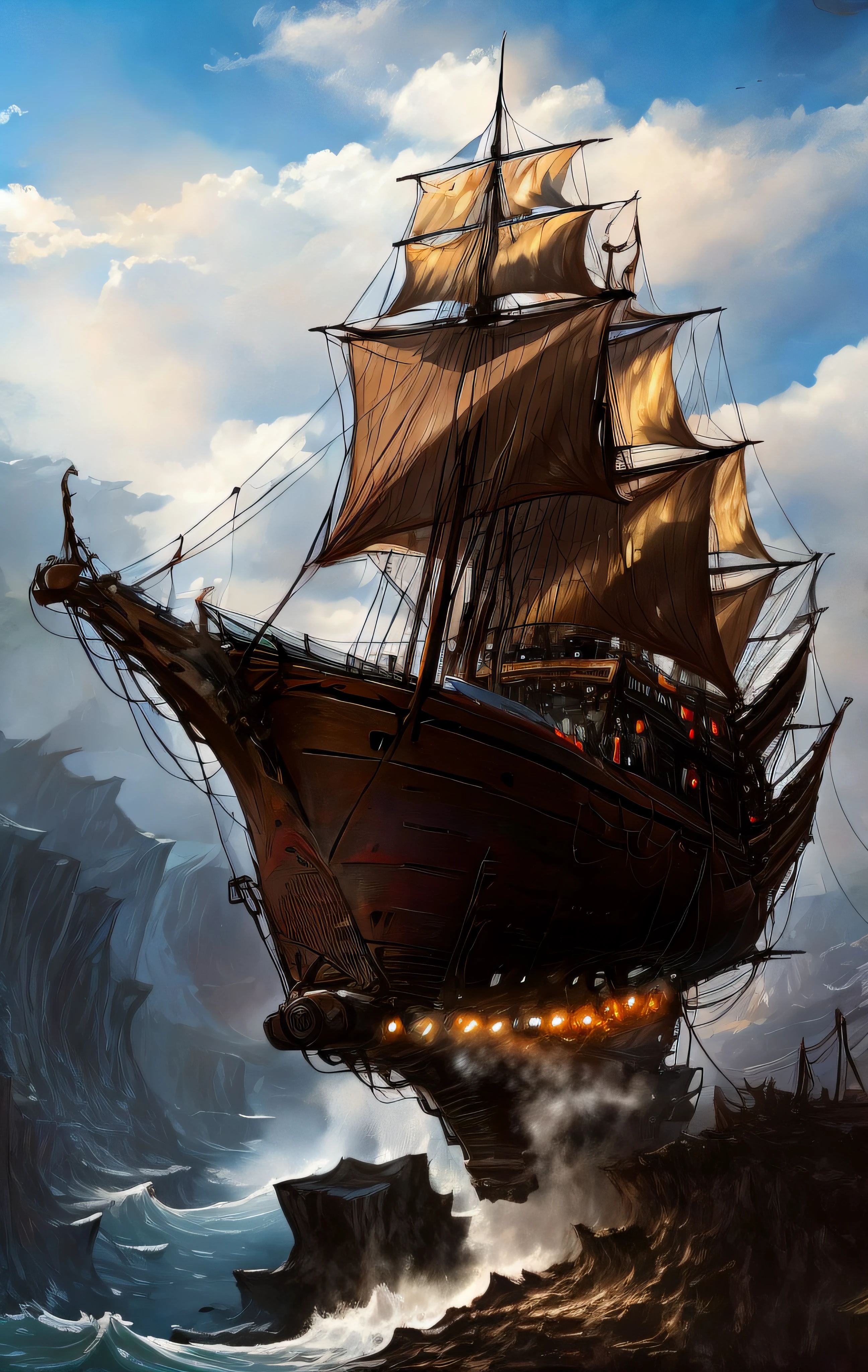 A pirate ship flying through the clouds and down the mountains hit by huge waves of the sea