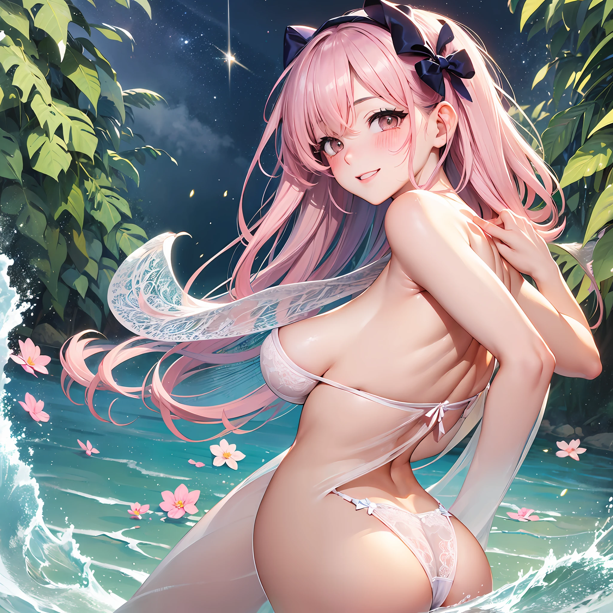(Naked:1.4),(Lingerie transparent:1.3),(Blushing face:1.4), Smiling, Cowboy shot, ((G cup)),Pink tits,Cock your ass,angle from behind,The eyes have starlight,cabelos preto e longos,spread thighs,florals, Bow knot, Blushlush,Playing in the water