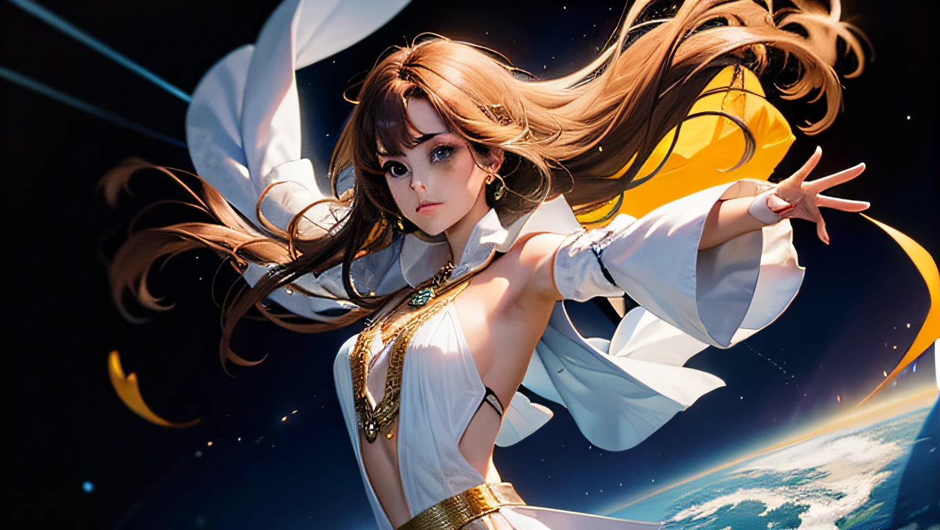 Cosmic dancing female flowing brown hair