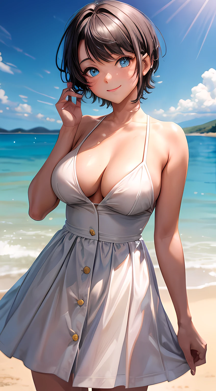 ((masterpiece)),(best quality,top quality,8k),waterpaint,illustration,paint,majestic,1girl,cute japanese girl wearing white cool dress,tanned skin,tomboy hair,short hair,smile,cleavage,blue eyes,medium boobs,high sharpness,high res,beach,sunny,