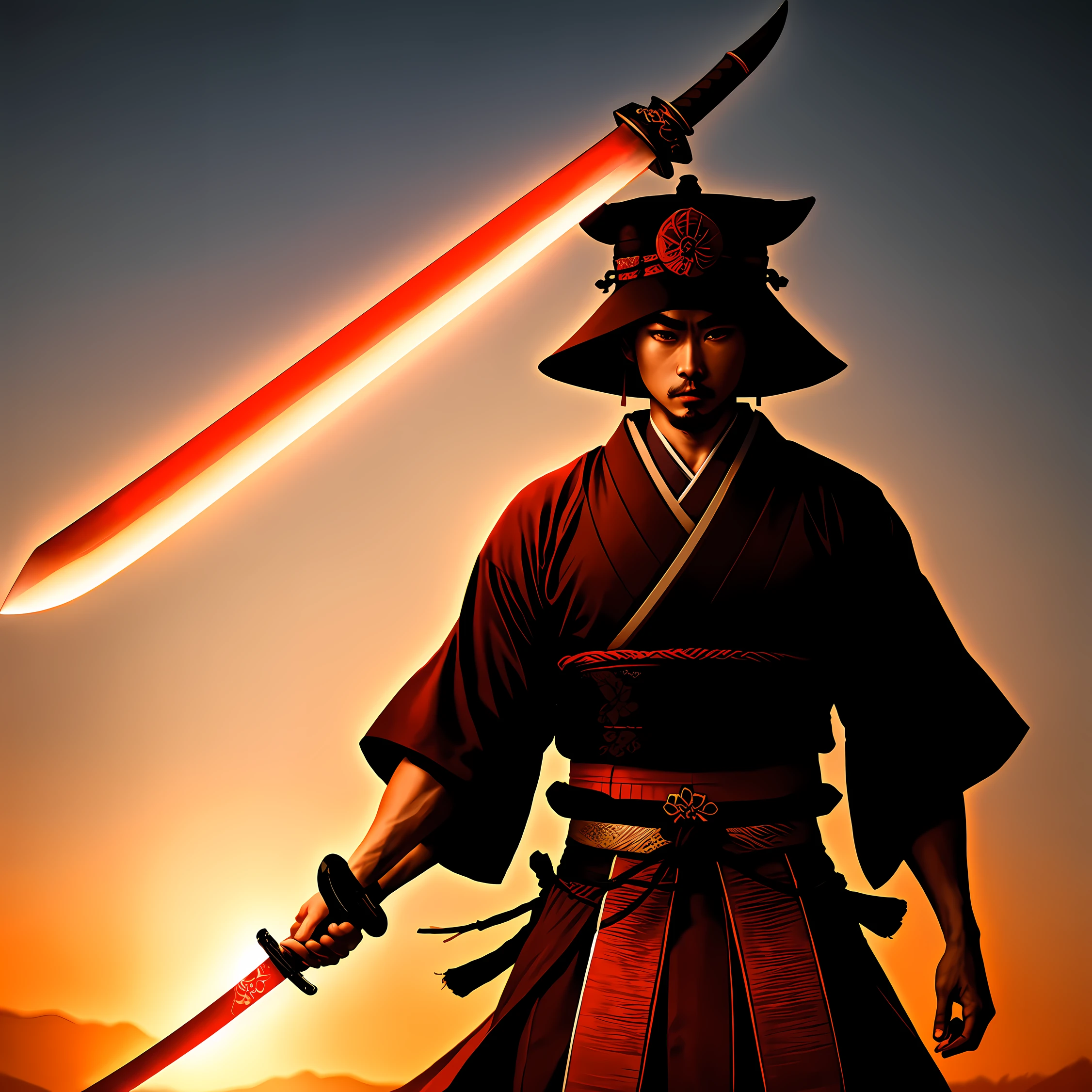 very beautiful gradient red realistic samurai, 4k, HD, dynamic light, shiny black long sword.