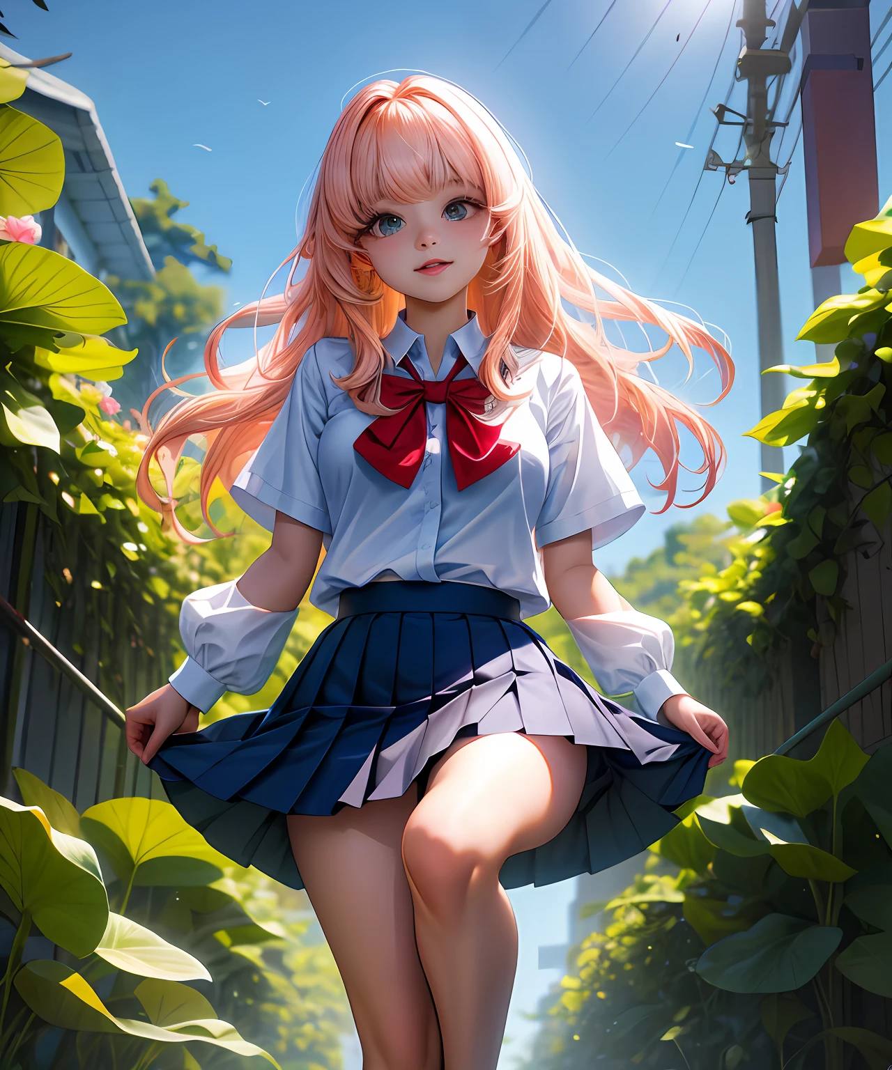 Ji-eun is a charming-looking student. Ela tem cabelos longos, loiros e sedosos que caem suavemente sobre seus ombros. His eyes are radiant and of a dazzling emerald green, que conferem um brilho especial ao seu rosto. Your skin is clear and flawless. Ji-eun is thin and has an elegant posture, seios grandes, quadril fino, bunda grande, Campos da Universidade.
Uniforme escolar: Ji-eun veste um uniforme escolar branco, typical of South Korean schools. The blouse is adjusted to the body, com mangas curtas e uma gola preta, destacando sua figura esbelta. The skirt is pleated black and goes up to the knees, confirindo um ar jovial e fofo ao seu visual. Ela usa um par de meias brancas bem apertadas nas coxas, junto com sapatos pretos de estilo Mary Jane.