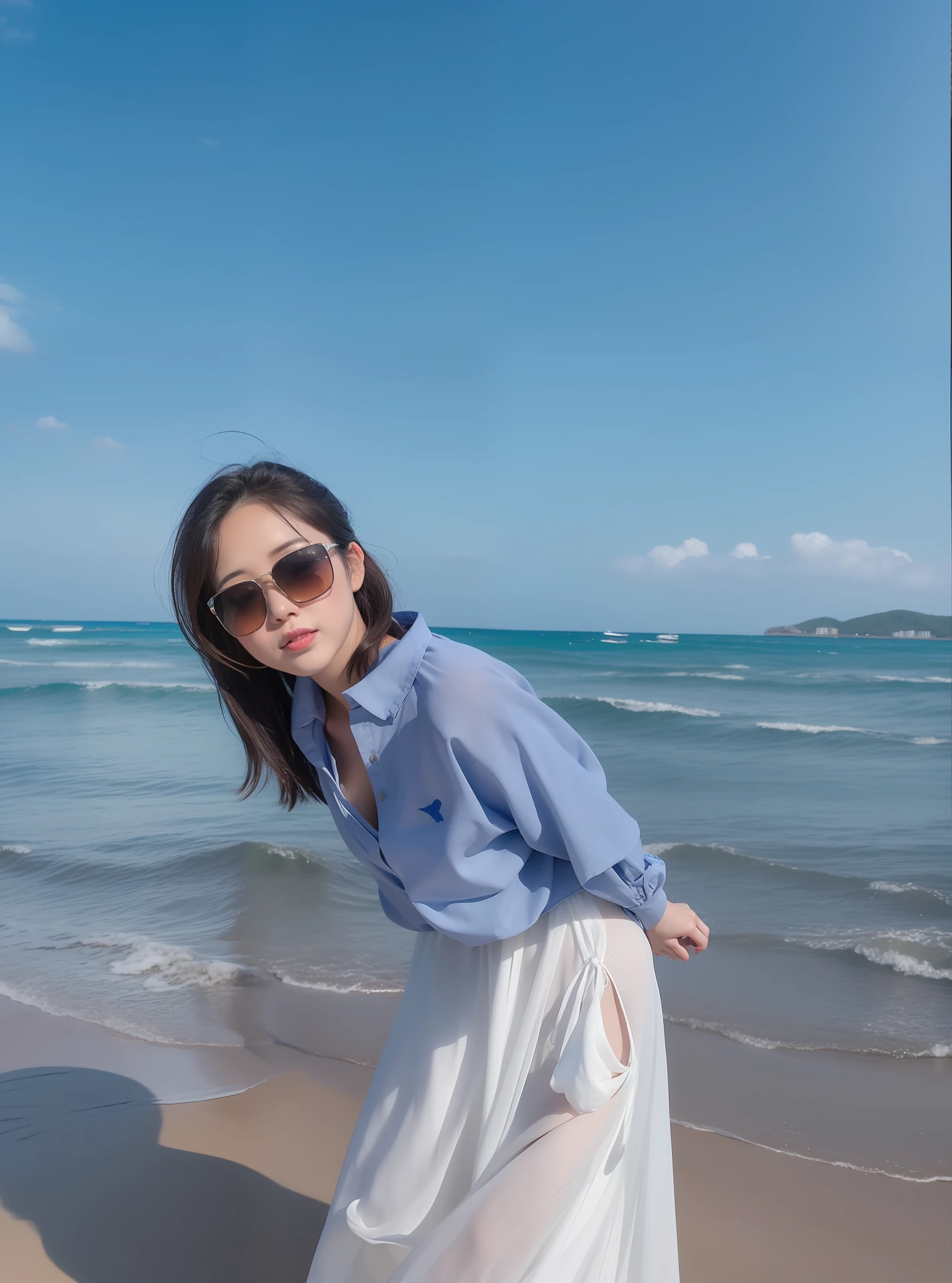 Aalfid woman in white dress and blue shirt on the beach, with sunglass, posing on a beach with the ocean, in the beach, Have by the sea, sunny day at beach, taken with sony alpha 9, xintong chen, taken with canon eos 5 d, taken with canon eos 5 d mark iv, Shot on Canon EOS R 6