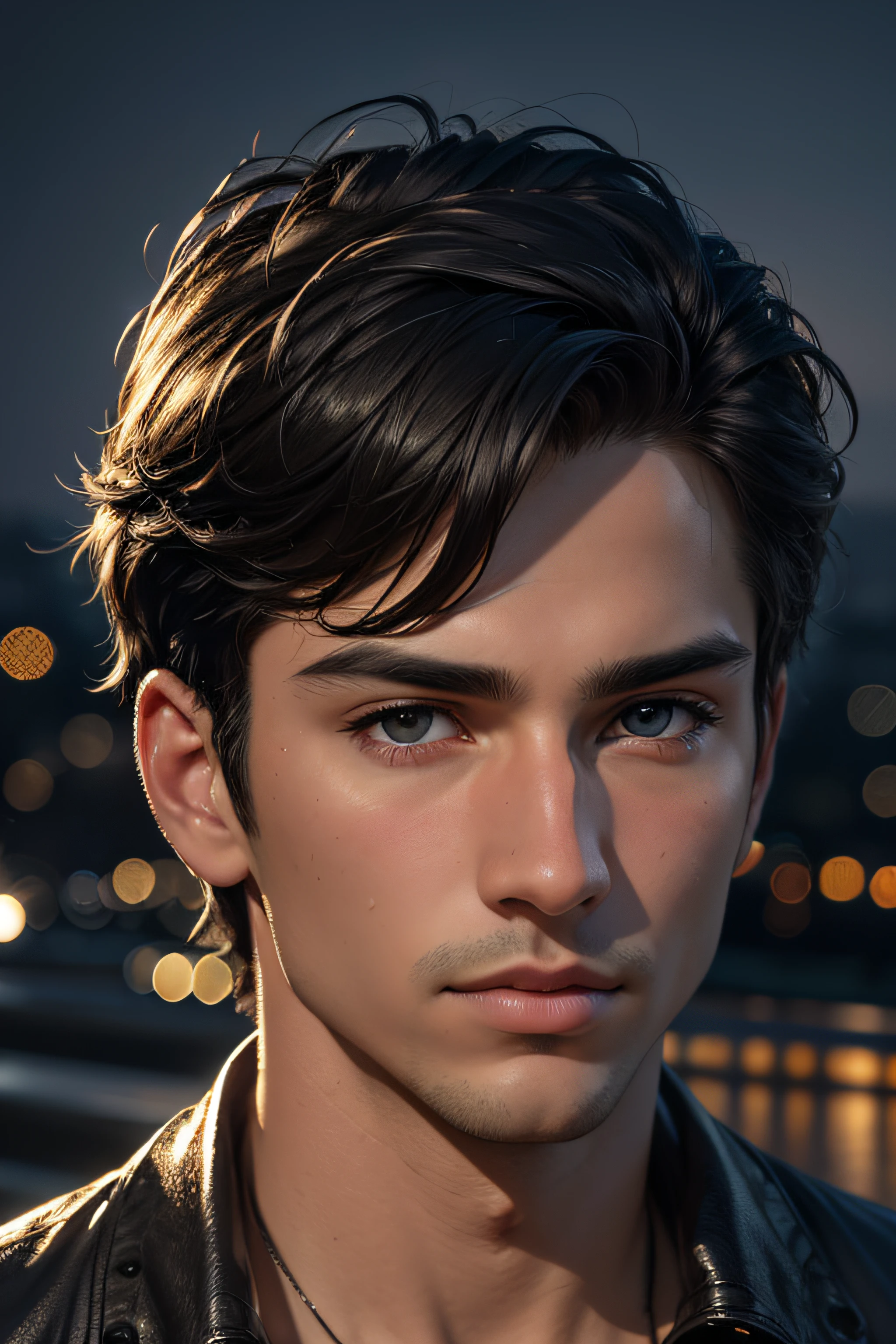 Best quality, masterpiece, ultra high res, (photorealistic:1.4), detailed face, detailed eyes, raw photo, young handsome male, black hair, (night city background:1.2)