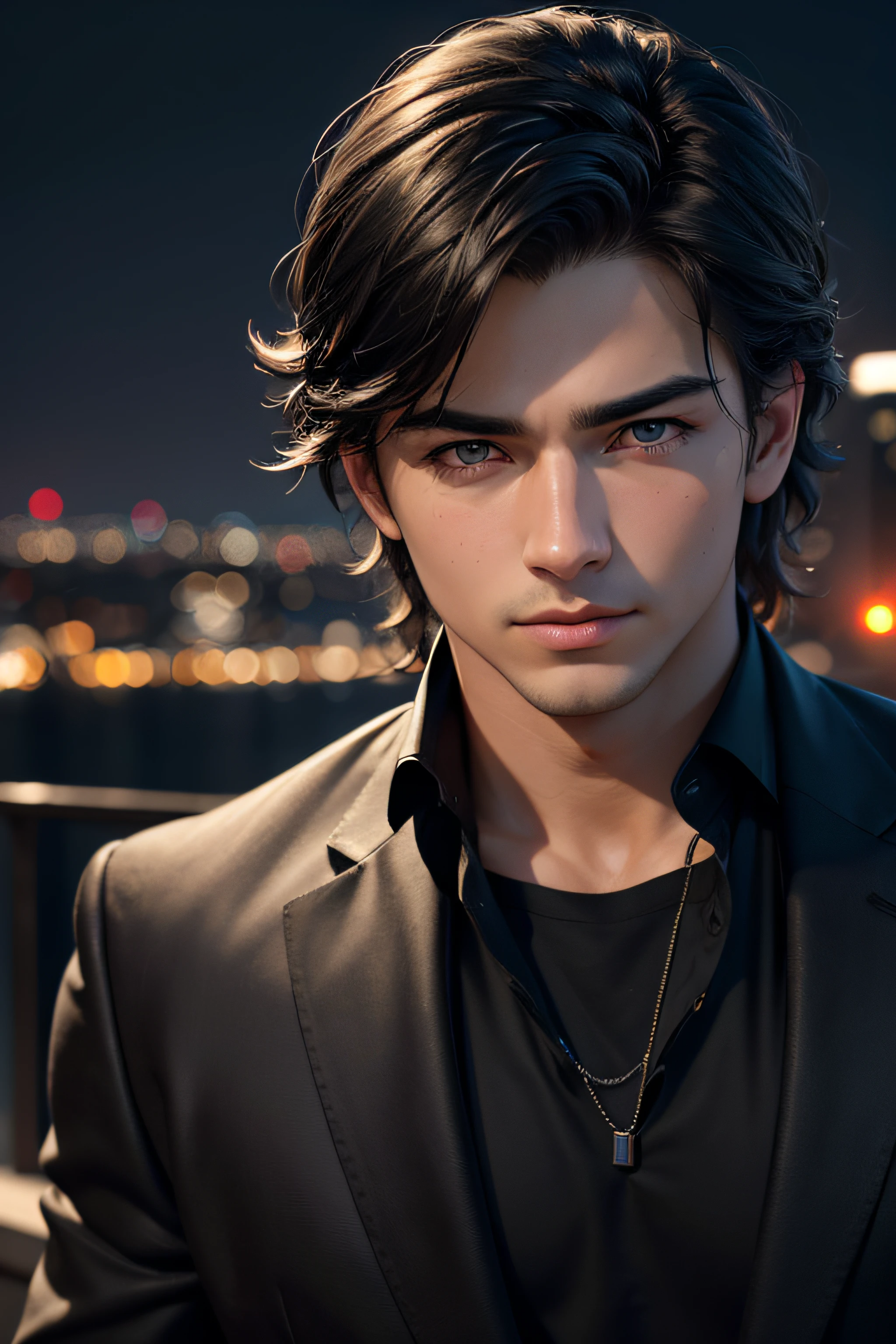 Best quality, masterpiece, ultra high res, (photorealistic:1.4), detailed face, detailed eyes, raw photo, young handsome male, black hair, (night city background:1.2)