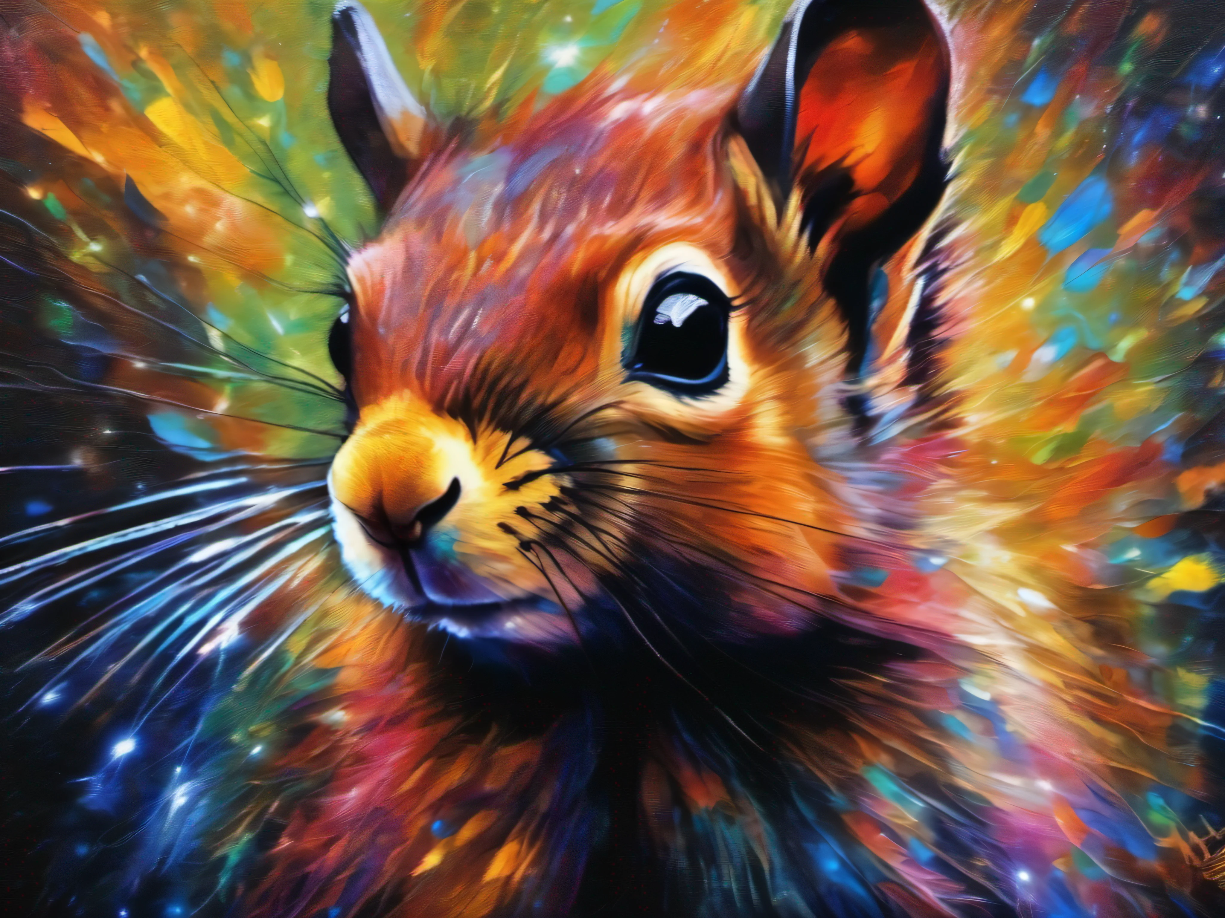 A painting of a colorful squirrel on a black background,, breathtaking rendering, dans une connexion rayonnante, inspired by Kinuko Y. Trade,, Magical elements, Kitten icon, pleurage, est magnifique, lancer un sort multicolore, Flash lumineux, Flash, sans signature