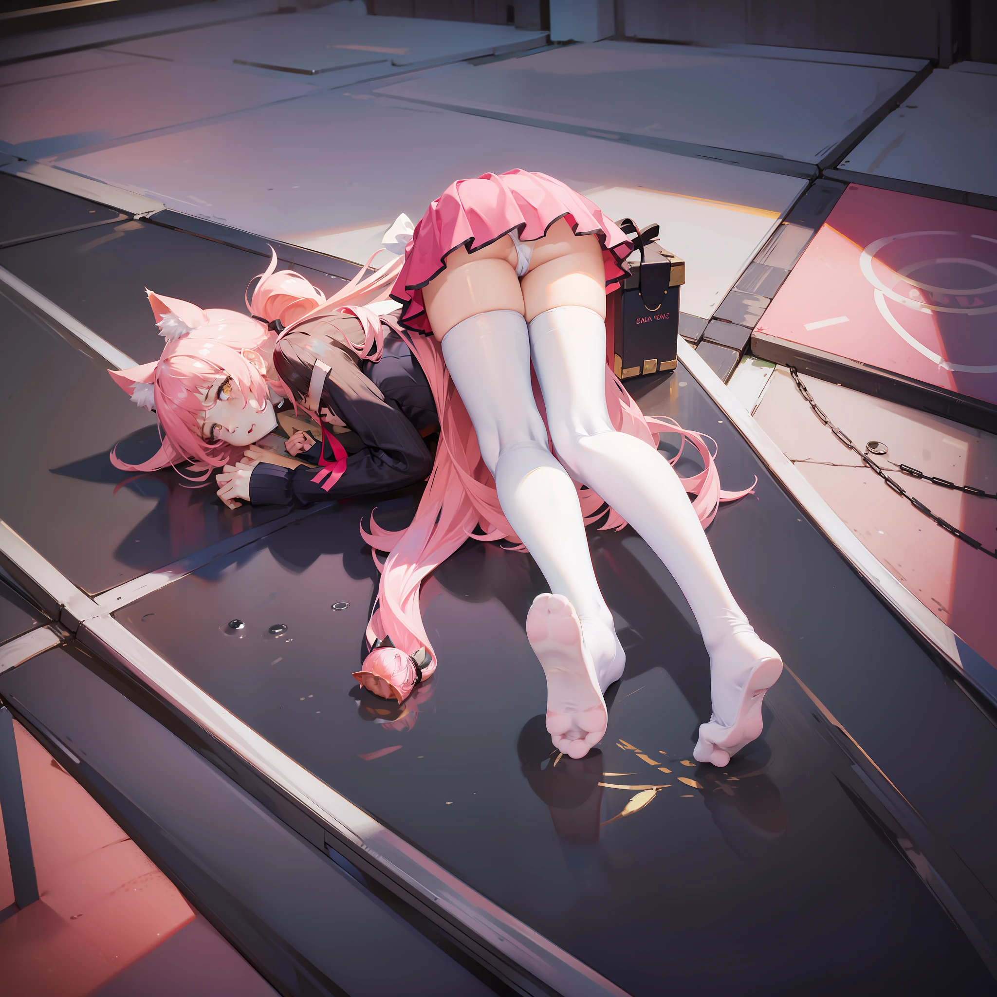 cat ear，Pink Long Hair，High ponytail，Lie on the ground，Cock your ass，mini-skirts，Be red in the face，looking at you，white stockings，There is cleavage，little breast