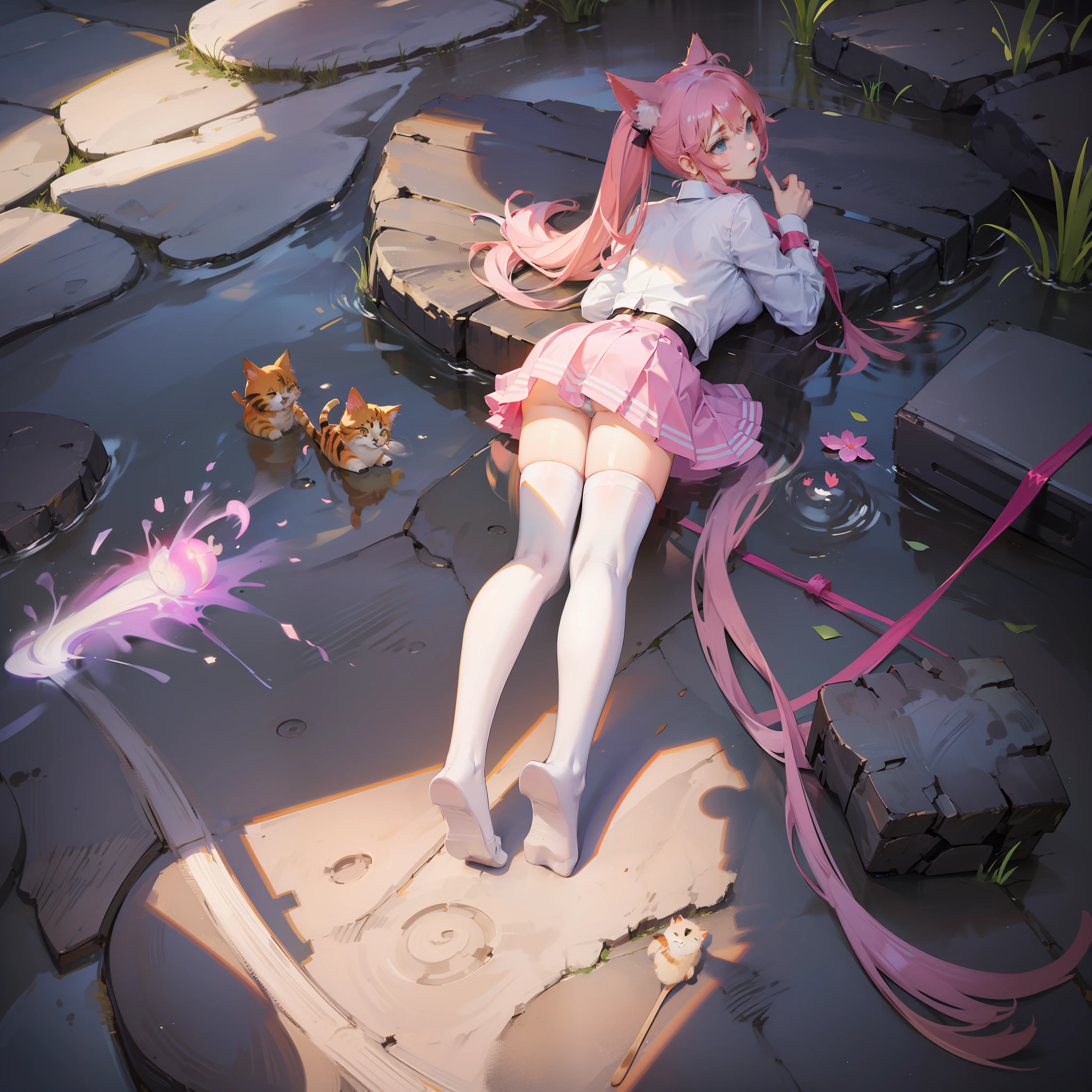 cat ear，Pink Long Hair，High ponytail，Lie on the ground，Cock your ass，mini-skirts，Be red in the face，looking at you，white stockings，There is cleavage，little breast