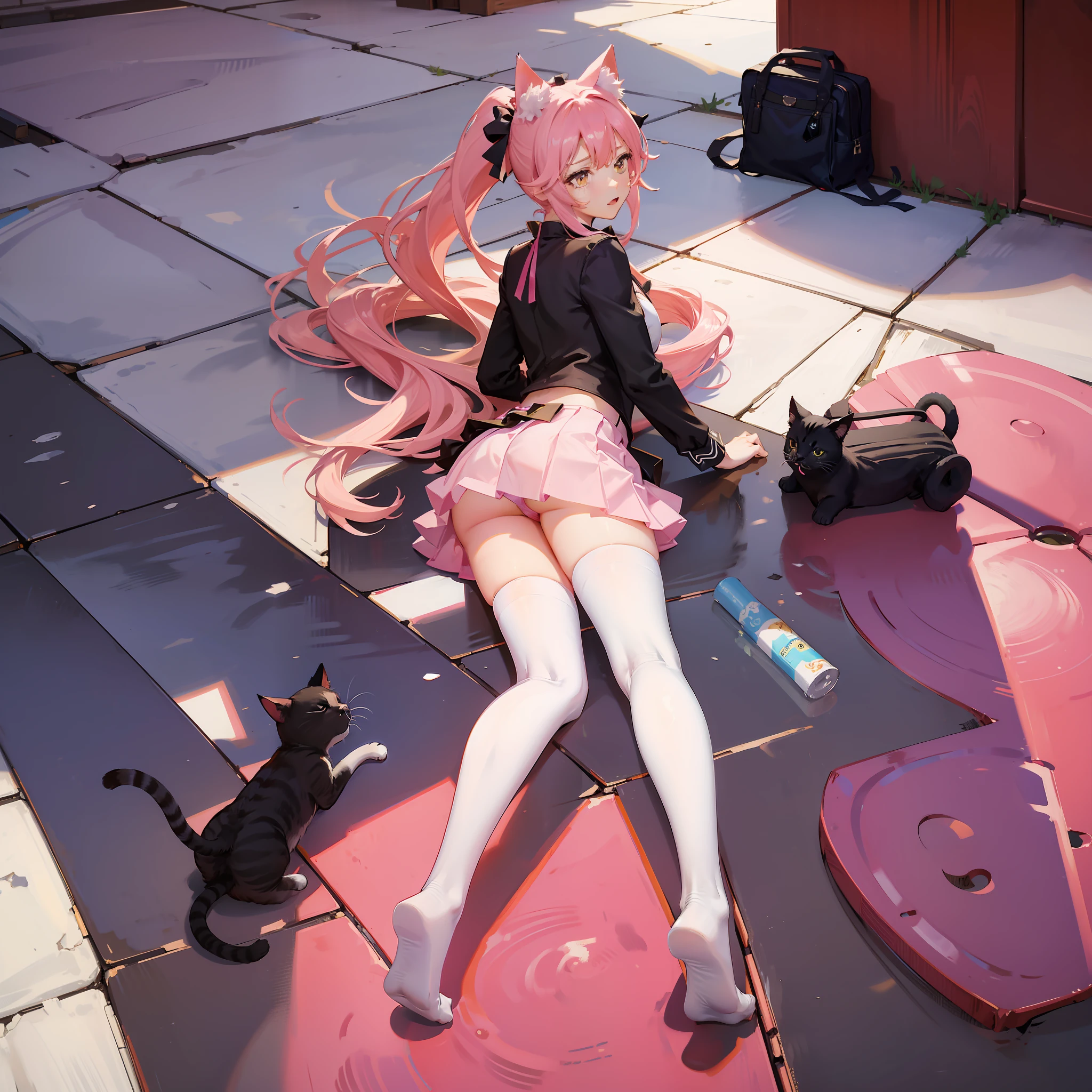 cat ear，Pink Long Hair，High ponytail，Lie on the ground，Cock your ass，mini-skirts，Be red in the face，looking at you，white stockings，There is cleavage，little breast