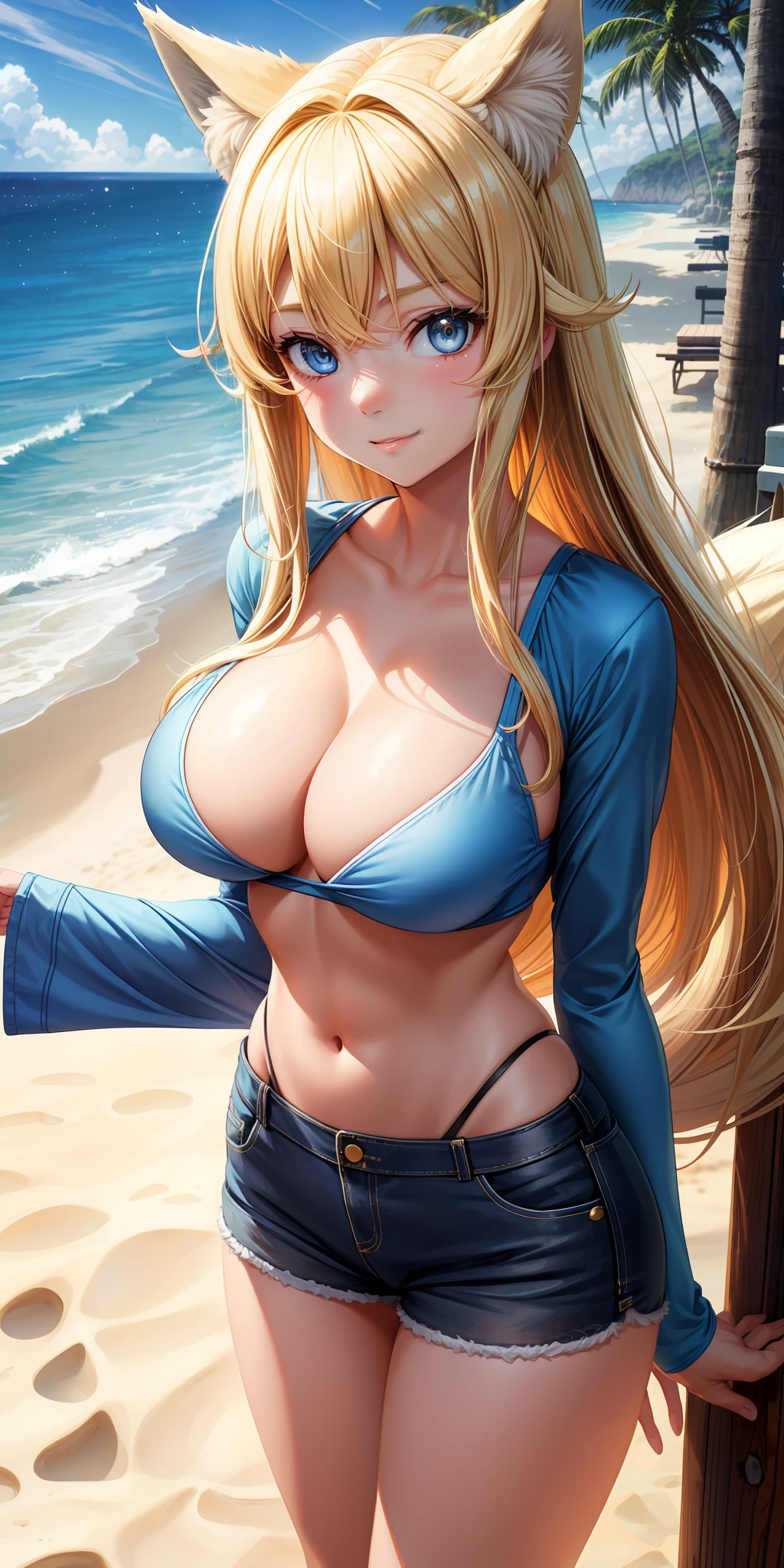 Big breasts, 1girl, ((blonde hair)) ((wolf girl)) blue eyes, with full breasts and slim waist, long-sleeved top and sexy short shorts , has a bold appearance. young, quality, realistic, best quality, cute expression, shy smile, beach sand, night, stars, viewer half-side view