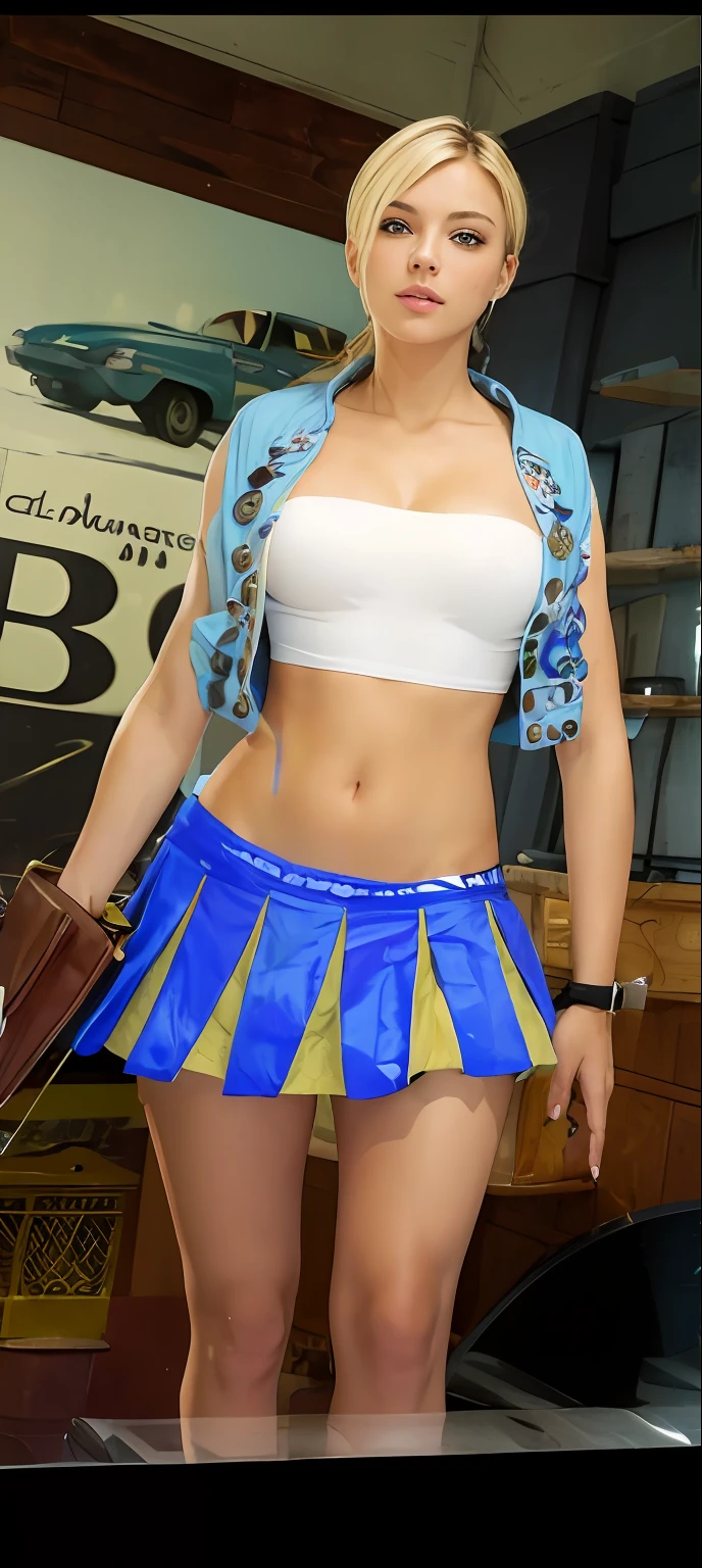 (((masterpiece))), (((best quality))), ((ultra-detailed)), blonde hair,blue jacket in white tops,navel, sexy