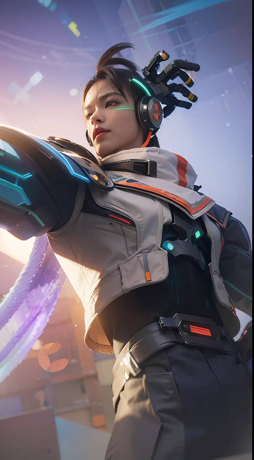 (8k, best quality, masterpiece:1.2), (realistic, photo-realistic:1.37), ultra-detailed,
A detailed portrait of 1 mechanical boy, pale skin, wearing a robot costume, black cable hair, his hands light up. The scene is illuminated with professional lighting, photon mapping, and radiosity, with Tetsuya Nomura Style and a cyber-futuristic feel. Urban background with blur or bokeh effect, neon details, realistic light, glowing hands.