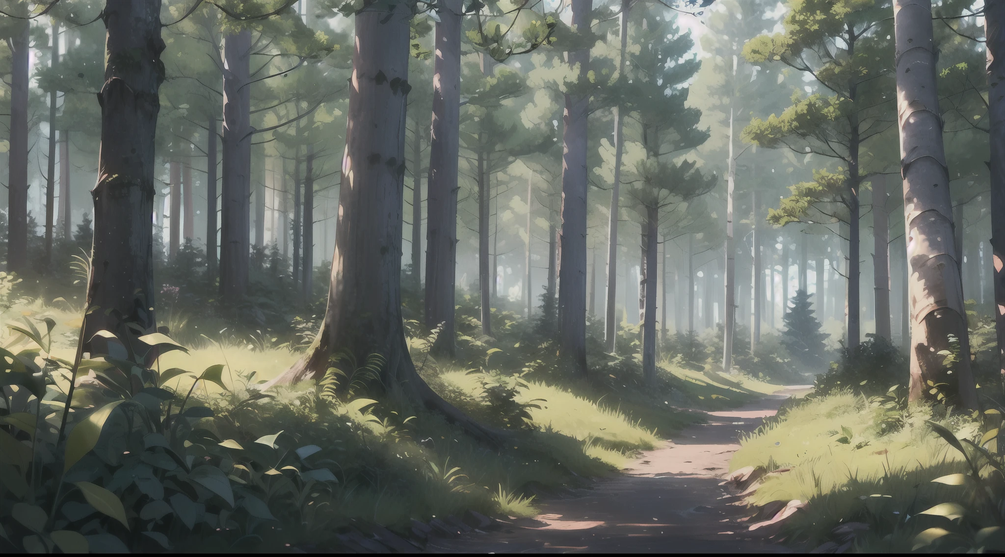 gentle, anime background art, clean lines, intricate details, serene, empty, high quality, raytracing video game, empty forest, overgrown, grassy ground, neutral plants, pine trees, vibrant, dense with trees, leaves on the ground, pretty, landscape wallpaper, deep forest, untouched nature, dense greenery, blurry foreground