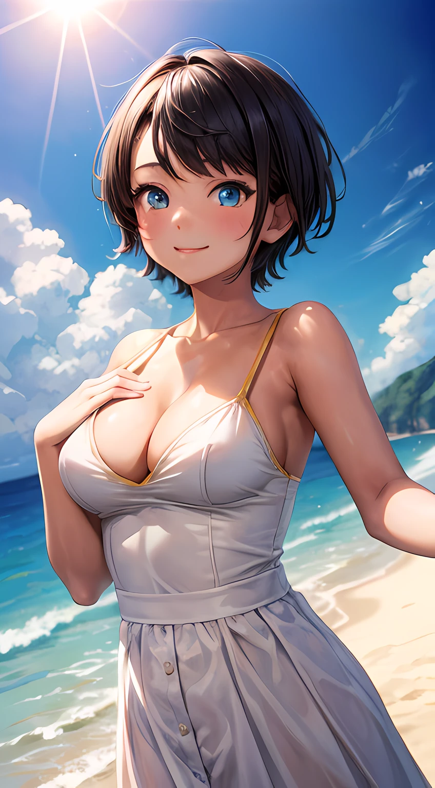 ((masterpiece)),(best quality,top quality,8k),waterpaint,illustration,paint,majestic,1girl,cute japanese girl wearing white cool dress,tanned skin,tomboy hair,short hair,smile,cleavage,blue eyes,medium boobs,high sharpness,high res,beach,sunny,