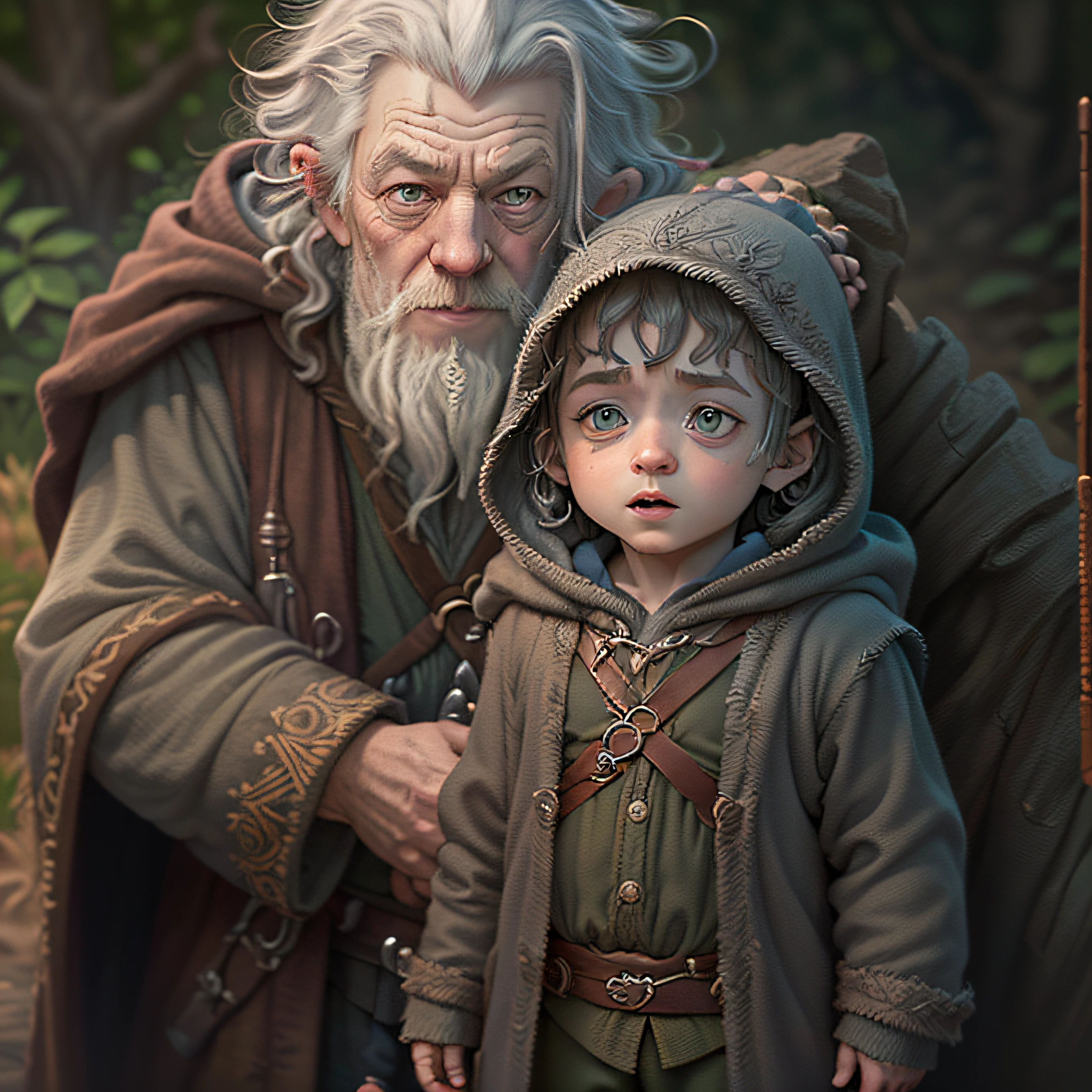 (cbzbb:1.25), portrait of (((cutest Baby Ian McKellen's Gandolf the gray wizard))), (((Gray hair))) (((Gray beard))) (((hood up))) and (((Elijah Wood's 8yr. old Frodo))), (((cute baby illustration))), (((in the Shire))), artstation, CGI_Animation,