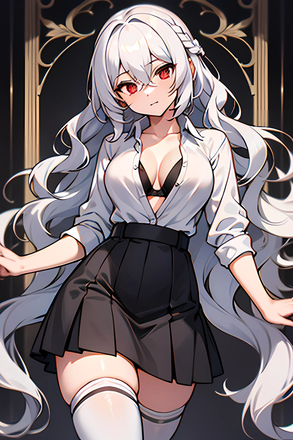 1girl, large breasts, red eyes, long hair, wavy hair, french braid, hair between eyes, white hair, thighhighs, black skirt, white shirt, partially unbuttoned