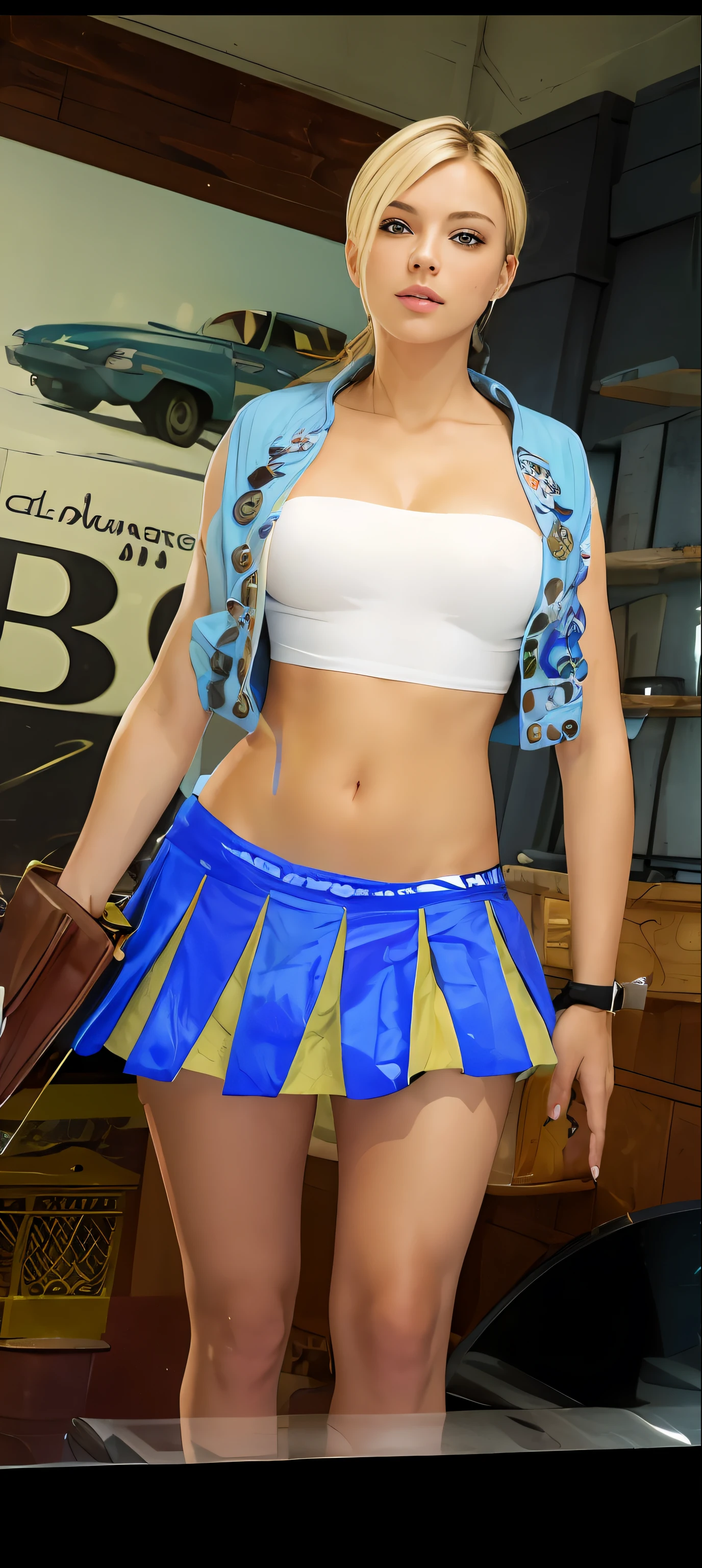 (((masterpiece))), (((best quality))), ((ultra-detailed)), blonde hair,blue jacket in white tops,navel, sexy