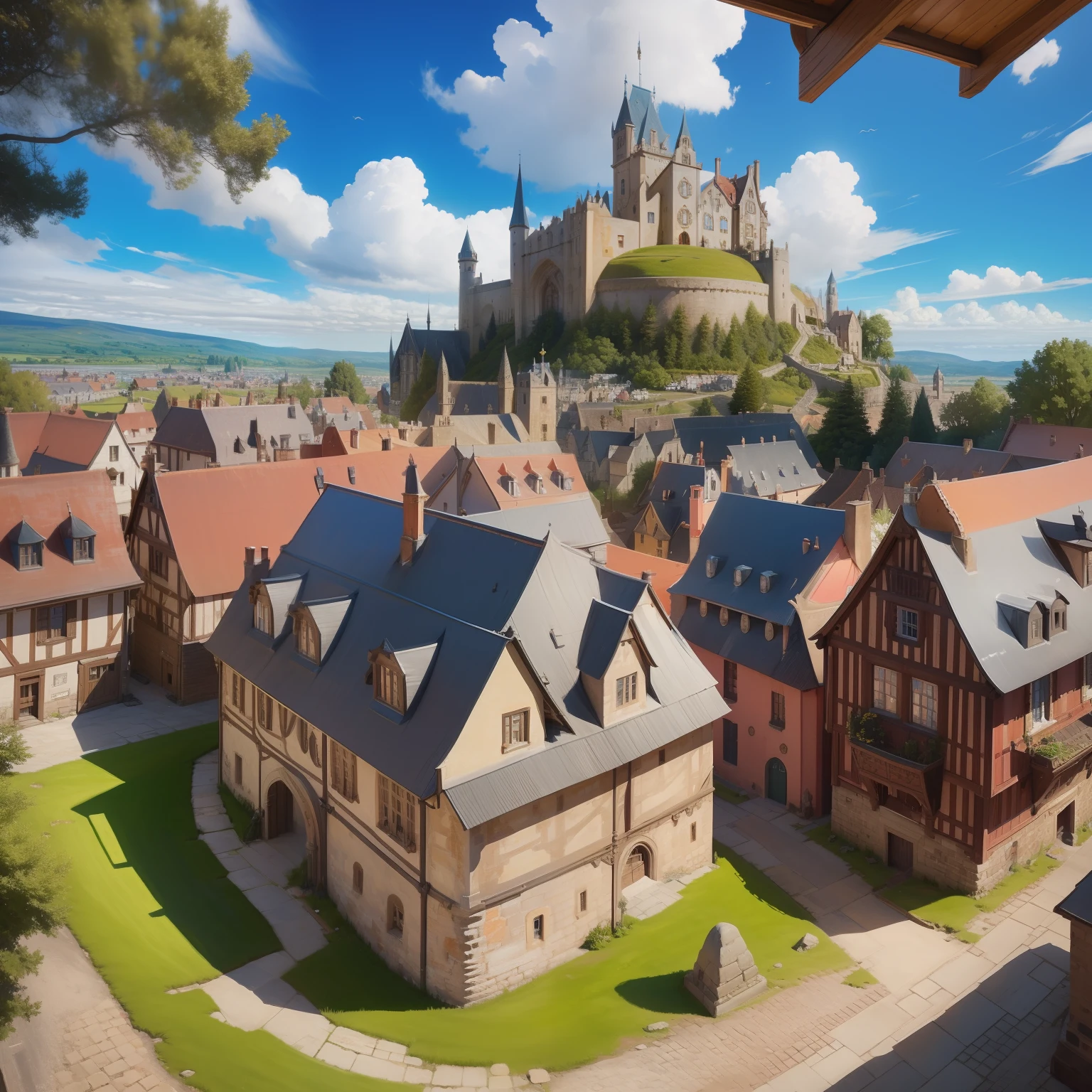 ((tmasterpiece)),((best qualtiy)),((high detal)),((Realistis,))((ultra - detailed))View of a medieval town,Cartoonist illustration,Aeria view,beautiful sky,Deformed clouds,