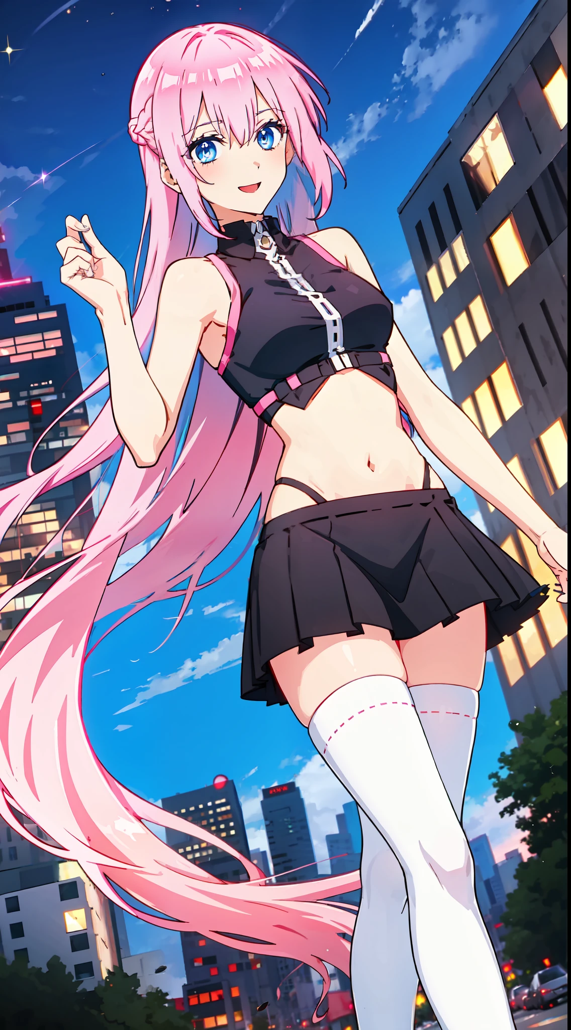 shikimori, slim legs, exposed navel, short skirt, beautiful eyes, blue eyes, happy, pink hair, long hair, thigh high socks, city, night
