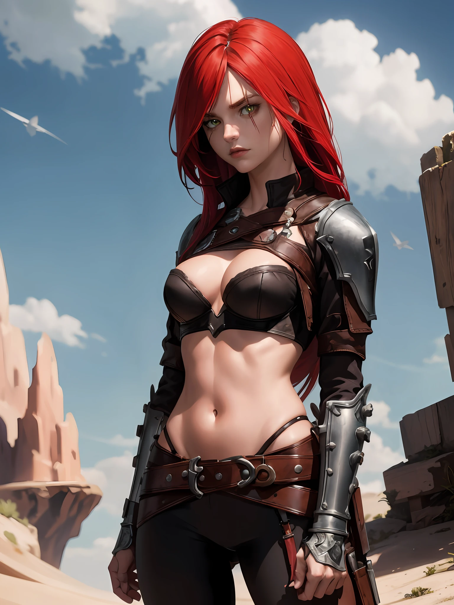 masterpiece, best quality, katarina, face of young Bryce Dallas Howard, (scar over eye), armor, cropped jacket, cleavage, bustier, midriff, belt, black pants, upper body, standing, furrowed brow, serious expression, glare, looking at viewer, wasteland, sky, clouds