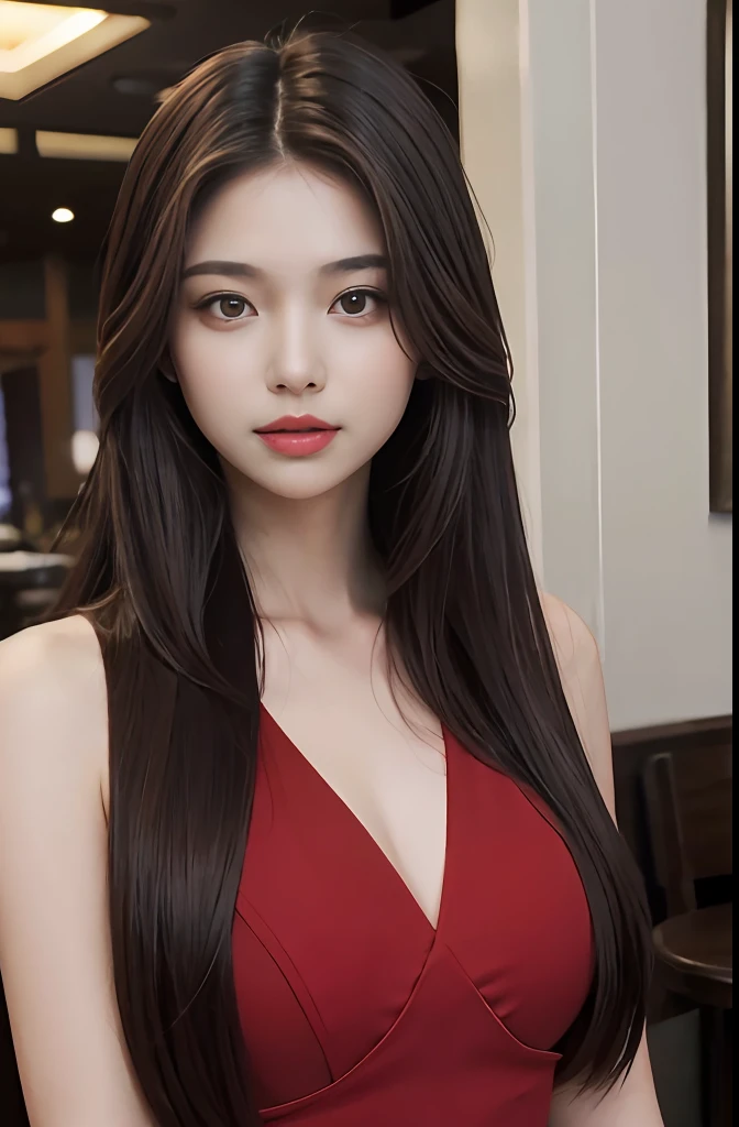 a woman, brown hair, brown eyes, fit body, Long Hair, hair parted in the middle, straight hair, red dress, inside a restaurant, detailed body, detailed eyes, master piece, best quality, high quality, RAW camera, realistic, real, korean, person