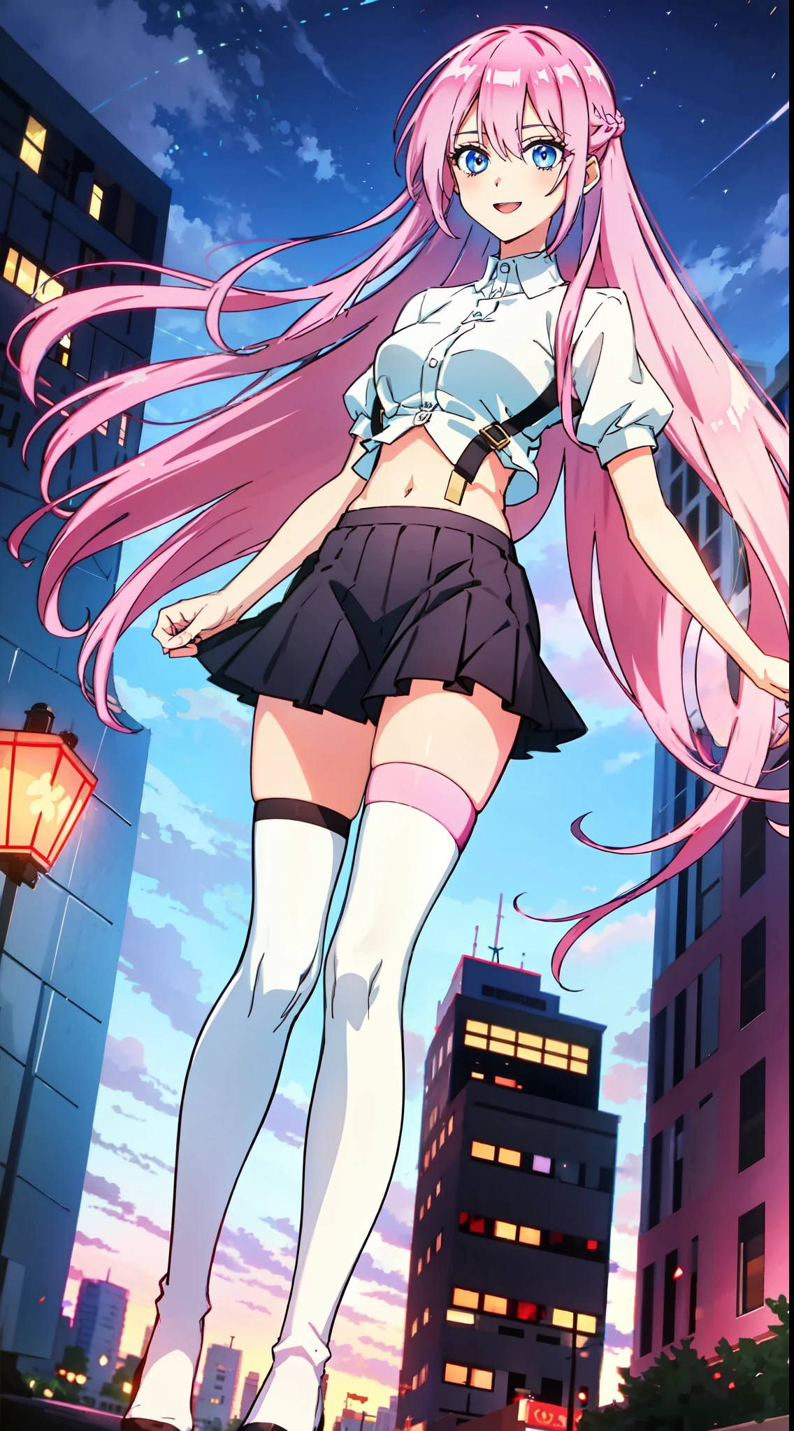 shikimori, slim legs, exposed navel, short skirt, beautiful eyes, blue eyes, happy, pink hair, long hair, thigh high socks, city, night