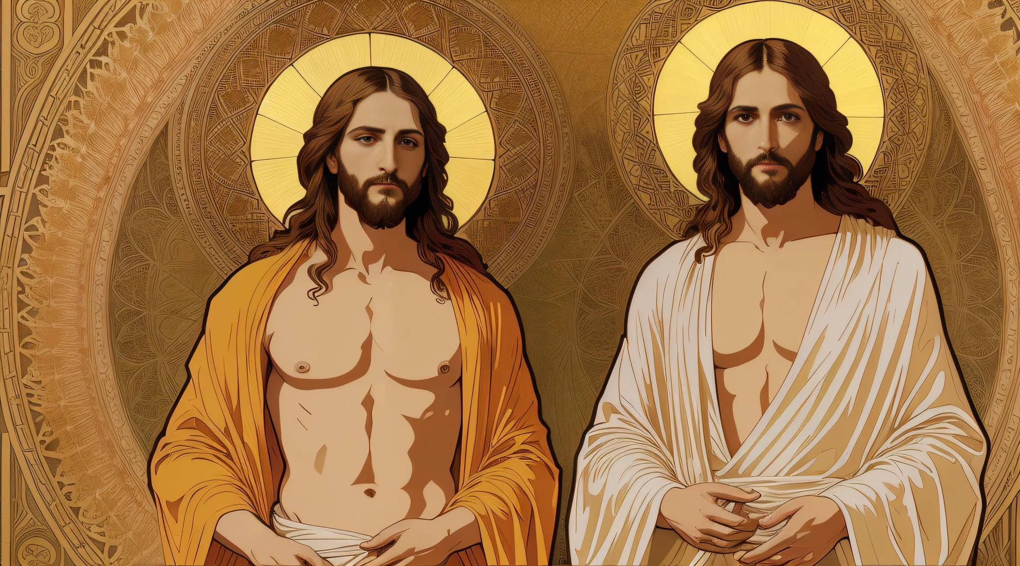 Imagem de Jesus Cristo, estilo de Alfons Mucha, Artem Demura e Frank Fanzzeta, altamente detalhado (obra-prima, melhor qualidade: 1.2), ultra-detalhado, arma, (realista: 1.5),