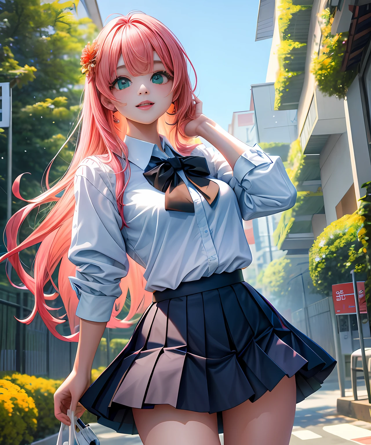 Ji-eun is a charming-looking student. Ela tem cabelos longos, loiros e sedosos que caem suavemente sobre seus ombros. His eyes are radiant and of a dazzling emerald green, que conferem um brilho especial ao seu rosto. Your skin is clear and flawless. Ji-eun is thin and has an elegant posture, seios grandes, quadril fino, bunda grande, Campos da Universidade.
Uniforme escolar: Ji-eun veste um uniforme escolar branco, typical of South Korean schools. The blouse is adjusted to the body, com mangas curtas e uma gola preta, destacando sua figura esbelta. The skirt is pleated black and goes up to the knees, confirindo um ar jovial e fofo ao seu visual. Ela usa um par de meias brancas bem apertadas nas coxas, junto com sapatos pretos de estilo Mary Jane.