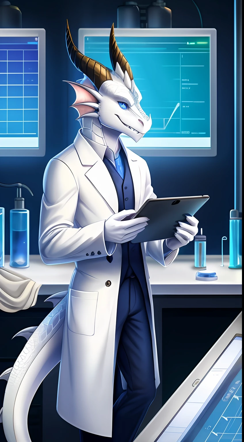drak,Dragon tail,faucet,Dragon claws,Height 196,Dragon's horn,The body is mainly white,filigree,Wearing a white coat,finely detailed paws,ssmile,Wearing a white coat,Hold the tablet,In the lab,ambient lights,Blue pupils