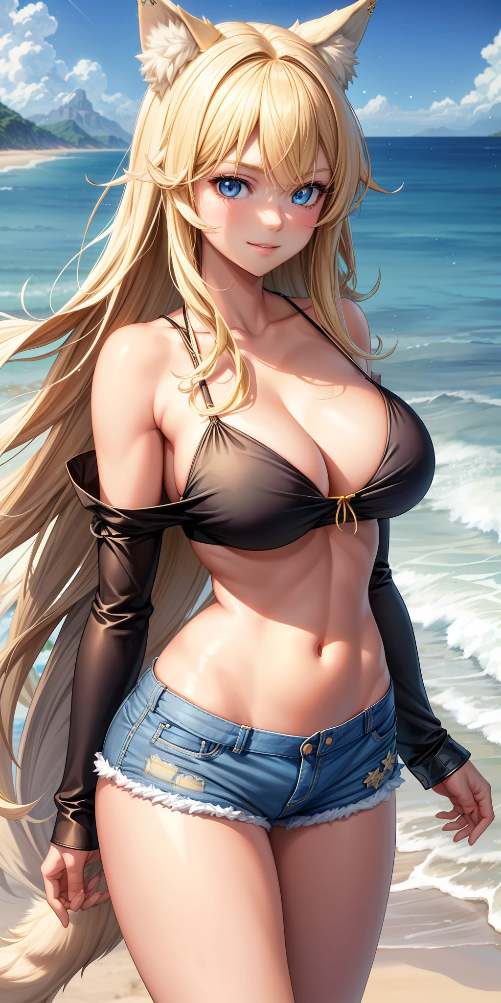Big breasts, 1girl, ((blonde hair)) ((wolf girl)) blue eyes, with full breasts and slim waist, long-sleeved top and sexy short shorts , has a bold appearance. young, quality, realistic, best quality, cute expression, shy smile, beach sand, night, stars, viewer half-side view