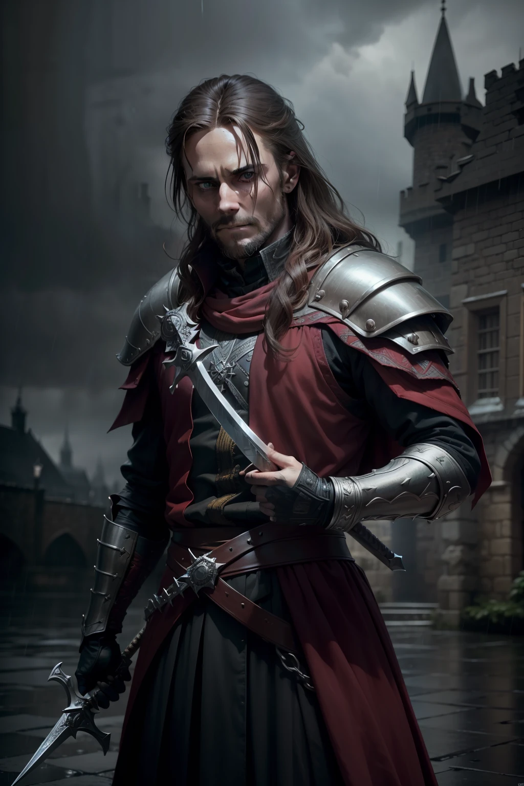 strybk, william shakespeare's Macbeth character in the castle brandishing his sword, embodied by realisitic actor jared leto it's a rainy bloody night, asultra realistic , medium shot, long shot, cinema scene, cinema ligths, cinema colors, volumetrid, HDR, ultra detailed, photorealistic,