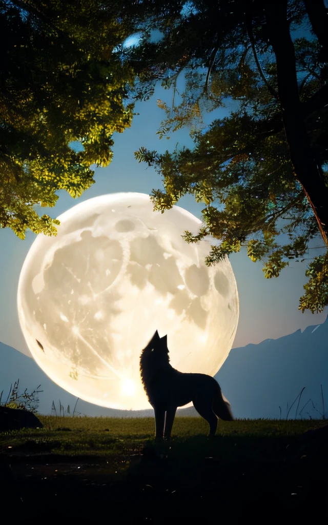 Em uma clareira misteriosa, A lone wolf is standing, looking at the night sky. Ao fundo, a imponente lua cheia brilha intensamente, casting a silver light on the landscape. O lobo, com seu pelagem espessa e cinza, He seems immersed in a moment of contemplation and connection with the nature around him. Seus olhos amarelos brilham intensamente, refletindo a luz lunar, conveying a mix of calm and determination. O vento suave sopra, swinging the leaves of the surrounding trees and lightly raising the wolf's hairs, Creating a sense of movement and life. The clearing is surrounded by high, leafy trees, who seem to bow respectfully before the heavenly spectacle. The air is impregnated with a mystical atmosphere, enquanto o lobo e a lua cheia parecem estar conectados de alguma forma, in an ancestral and sacred bond. O lobo, com sua postura majestosa e poderosa, irradia uma aura de serenidade e sabedoria. It is as if he is in tune with the secrets of nature, absorbing the energy of the full moon and finding inspiration in its ethereal beauty. Nesse momento fugaz, The wolf and the full moon share a moment of communion, A mesmerizing scene that evokes respect for nature and a sense of wonder at the wild world.