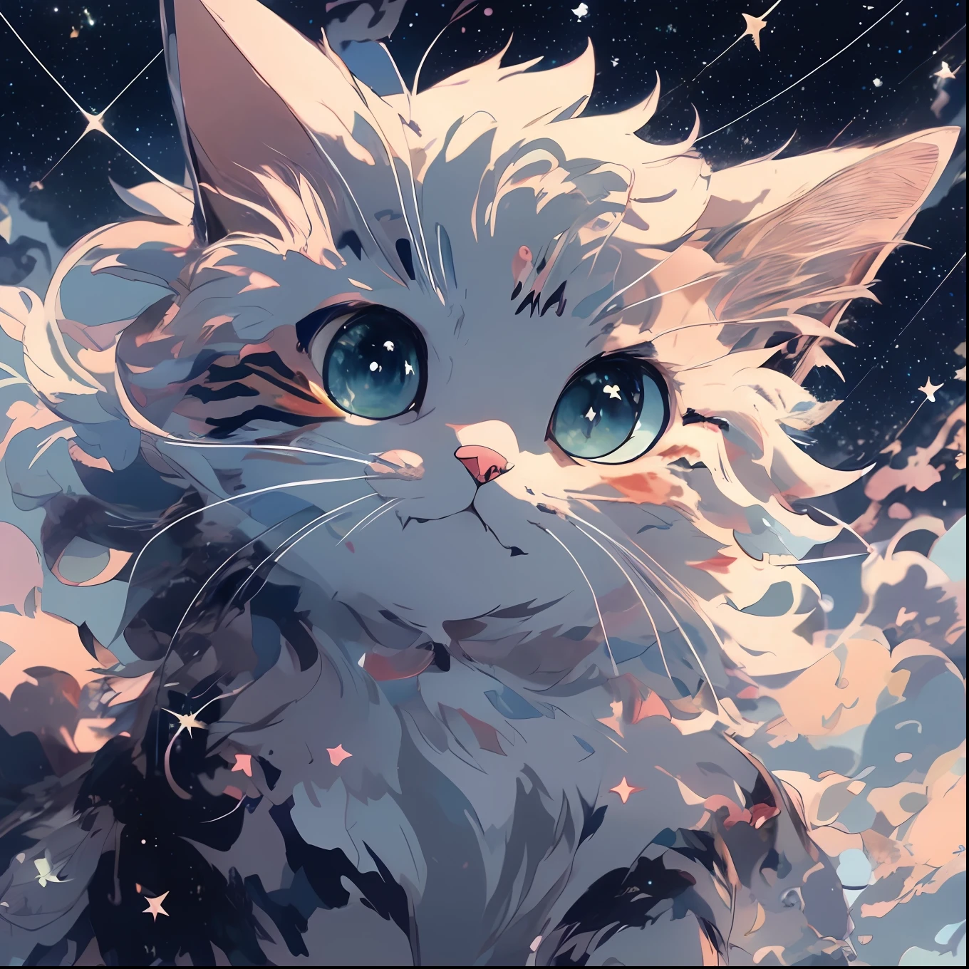 Anime art wallpaper, background starry sky, sponge car head appearance, 4K clarity. Draw realistic and cute anime cats in detail, digital art style. 8K high-definition digital animation wallpaper, ultra-high detail value, small and cute, showing the most exquisite digital animation art.