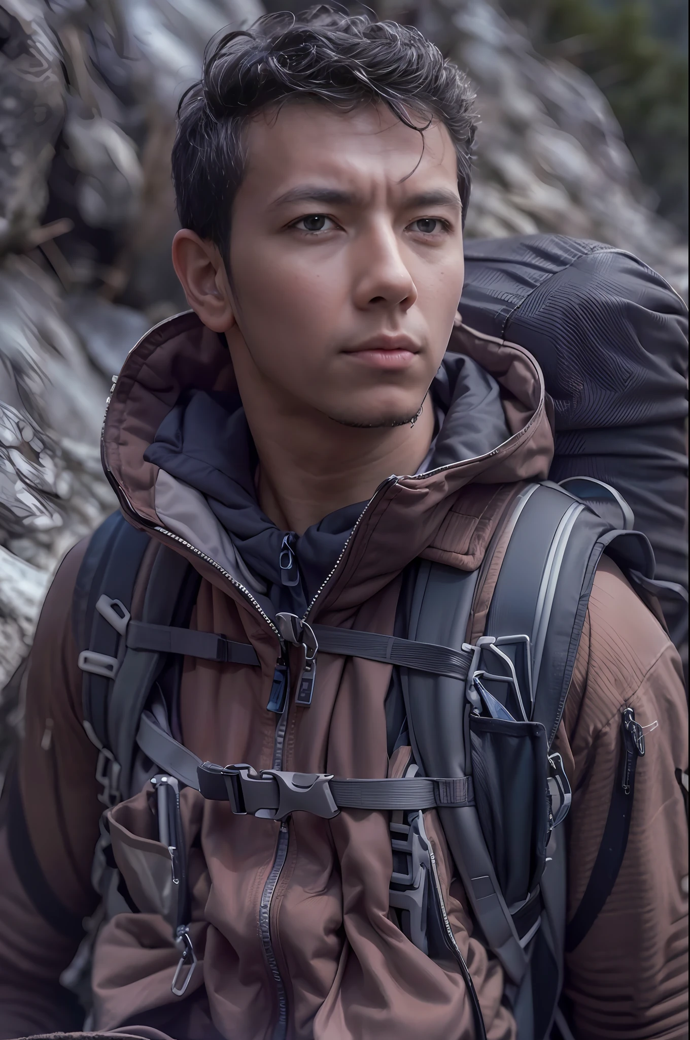 a man hiking mountain, full gear,tools,Backpack,tant (8k, 4k, best quality, highres, ultra high res:1.1), (masterpiece, realistic, photo-realistic:1.1), 1man,  face, close-up, twintails, short hair, black eyes,  (looking a great)
bare shoulders,
high contrast,