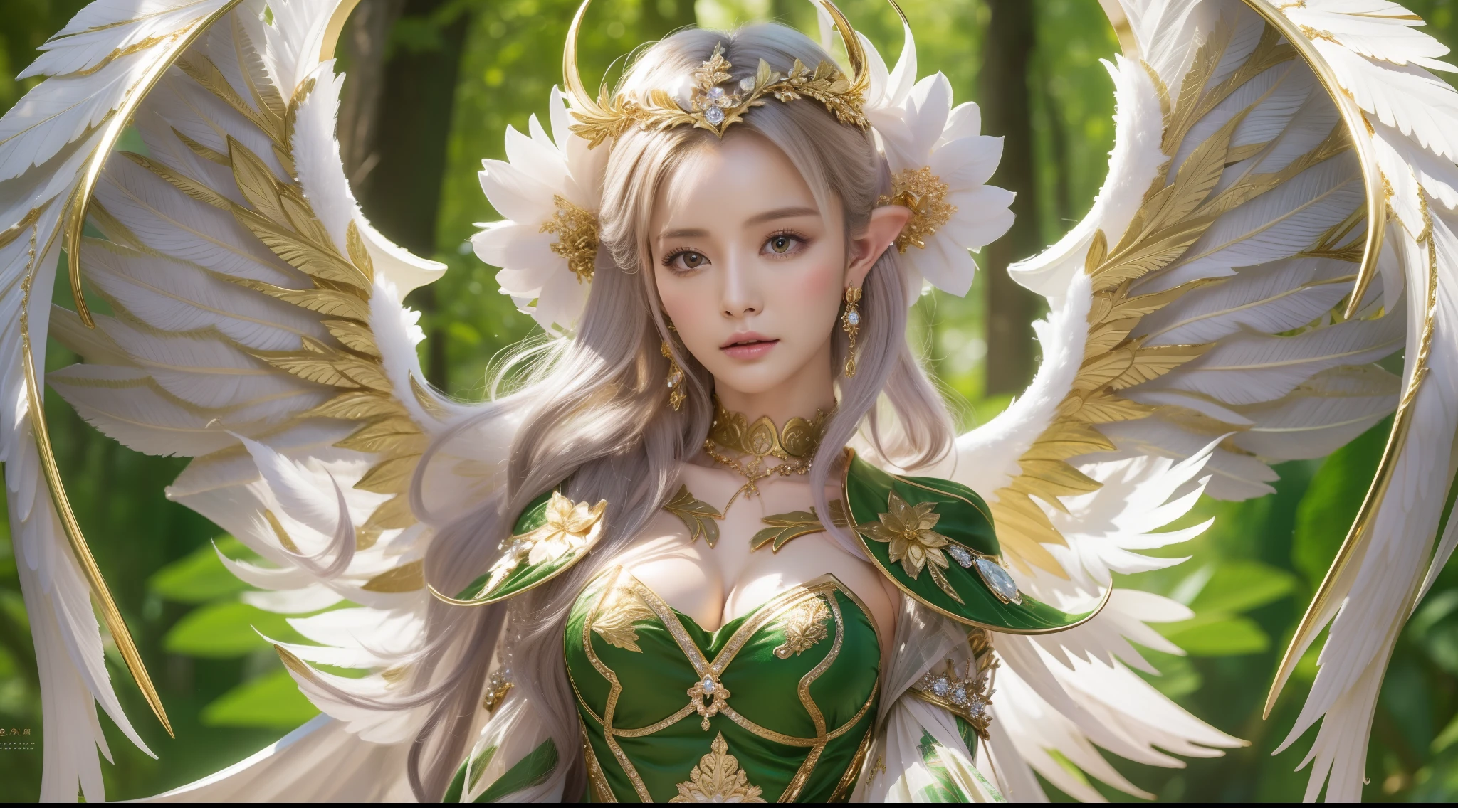 8k high quality wallpaper, Beautuful Women, cropped shoulders, elvish ears, Close-up of jewelry, Deep forest, The clothes are fitted with gold rims, Elegance, angel wing, Crystal flowers。