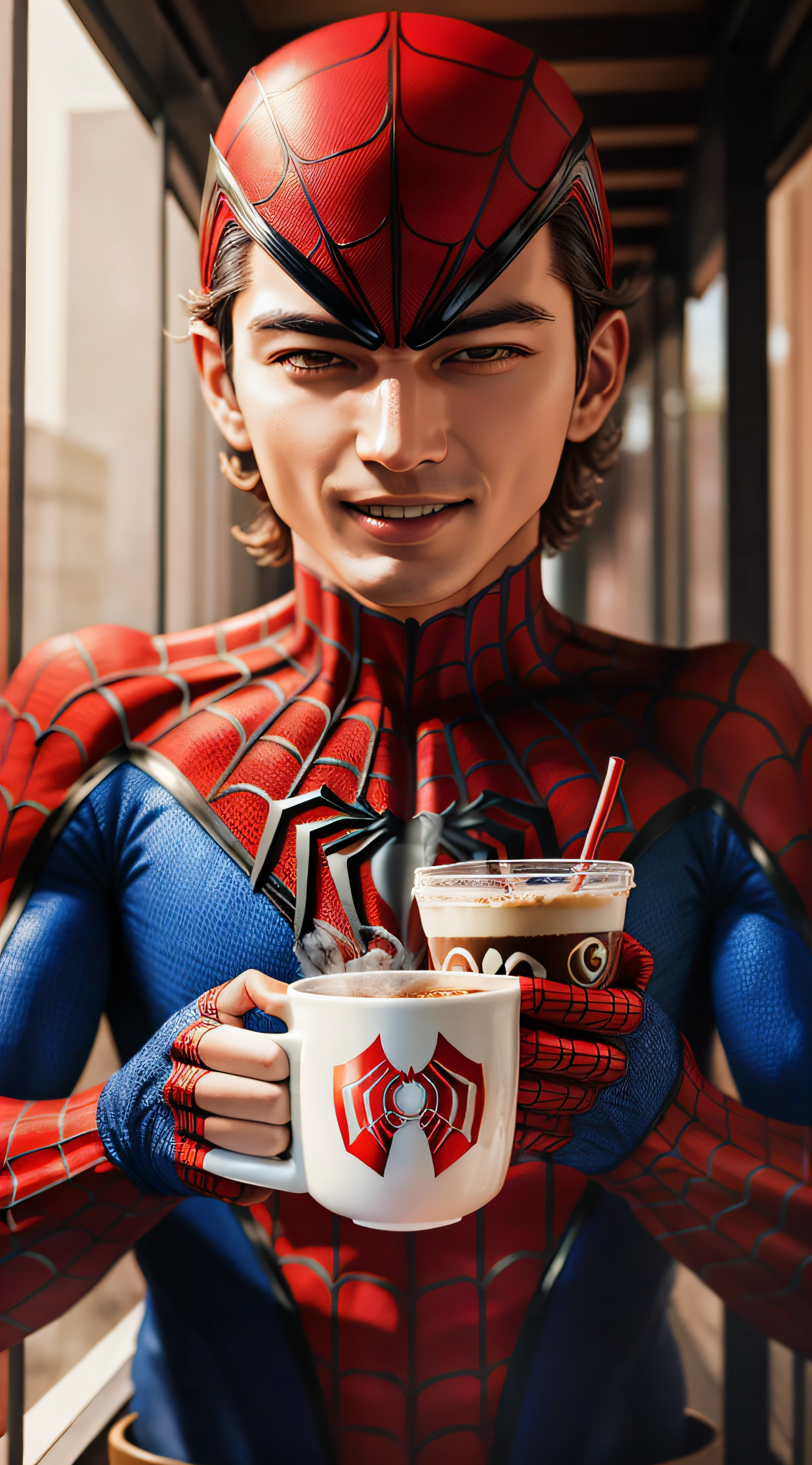 spiderman drink coffe, filled with satisfaction, Canon EOS 5D Mark IV telephoto lens