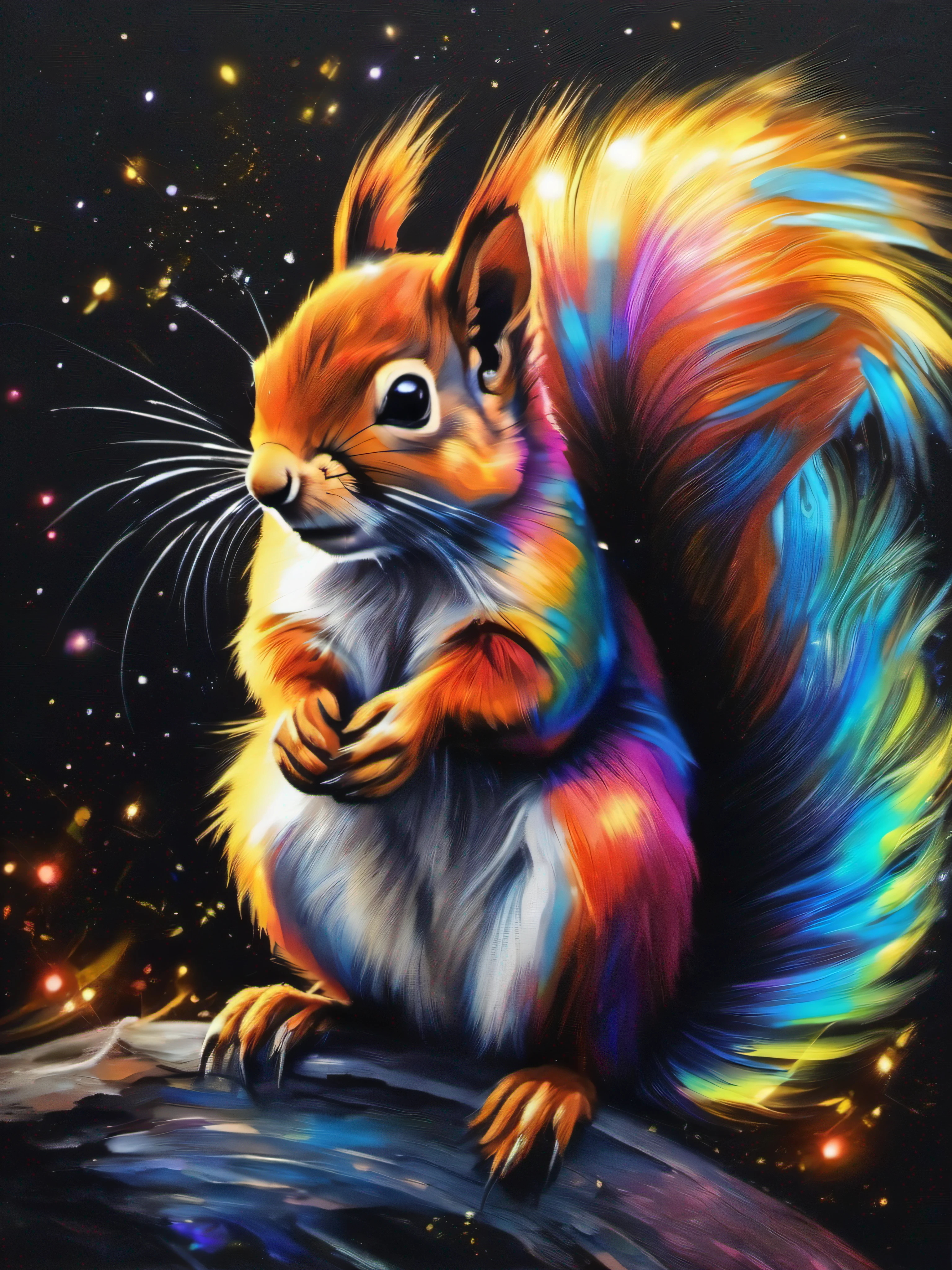 A painting of a colorful squirrel on a black background,, breathtaking rendering, dans une connexion rayonnante, inspired by Kinuko Y. Trade,, Magical elements, Kitten icon, pleurage, est magnifique, lancer un sort multicolore, Flash lumineux, Flash, sans signature