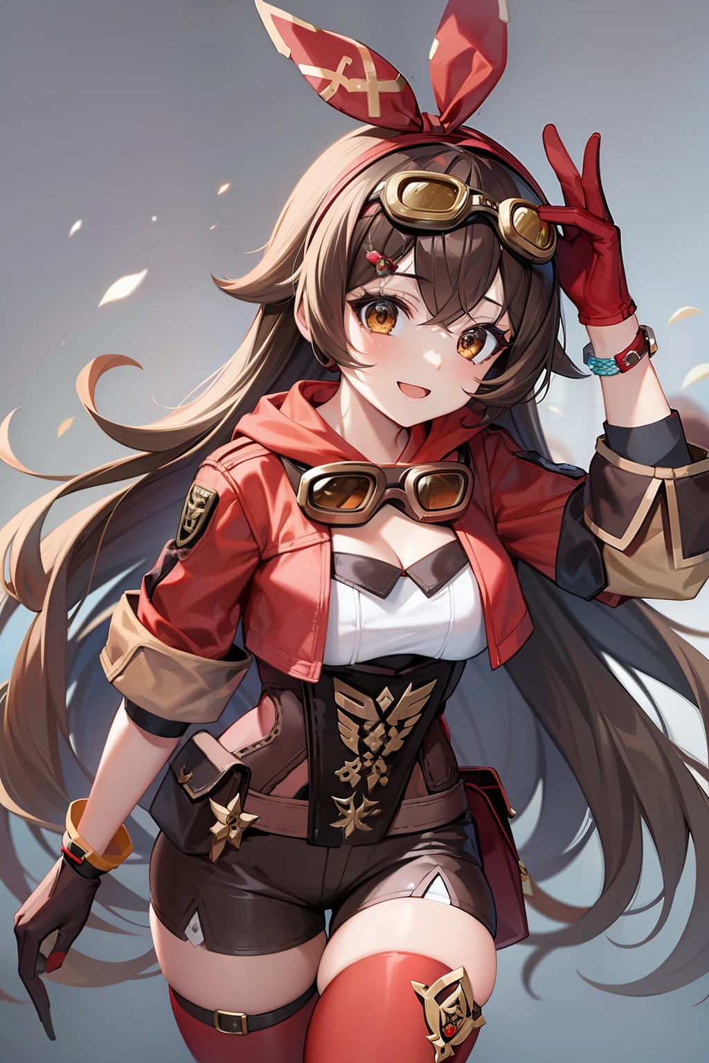 masterpiece, best quality, amber \(genshin impact\),smile,doll, 1girl,goggles on head, long hair,gloves,shorts,brown hair,red thighhighs, cleavage, red ribbon, long sleeves, shrug \(clothing\), jacket,pouch,grey background,